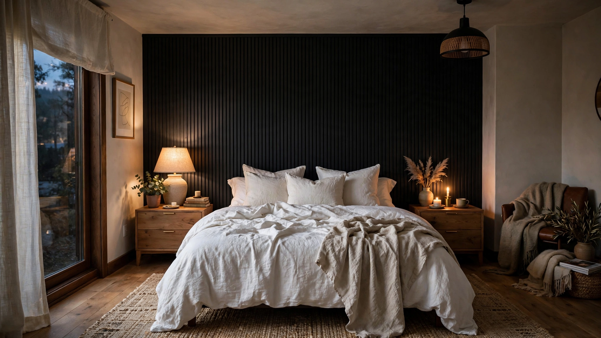 Black bedroom feature wall with white linen bedding and wood nightstands