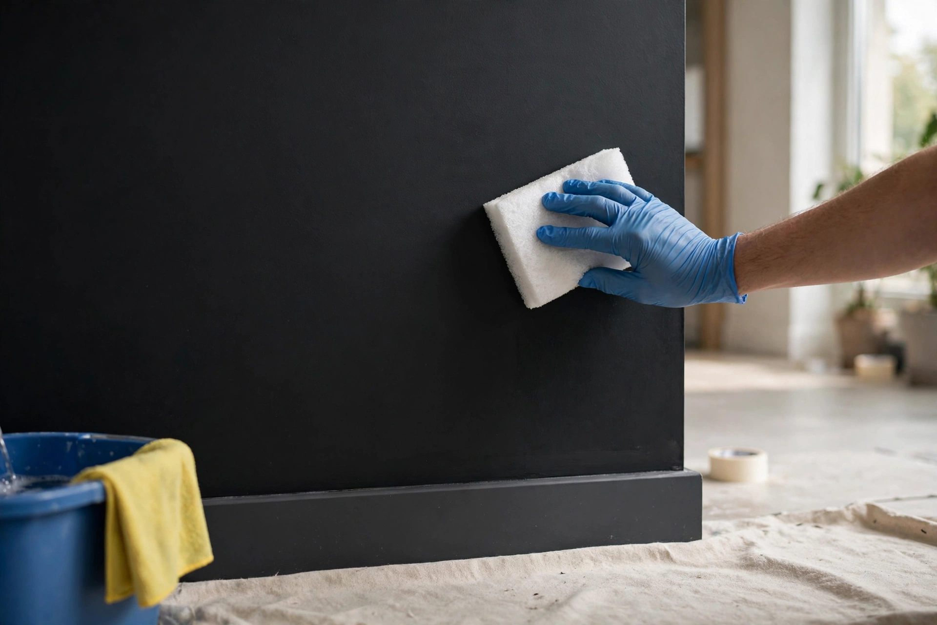 Magic eraser cleaning scuffs off black painted wall, maintenance