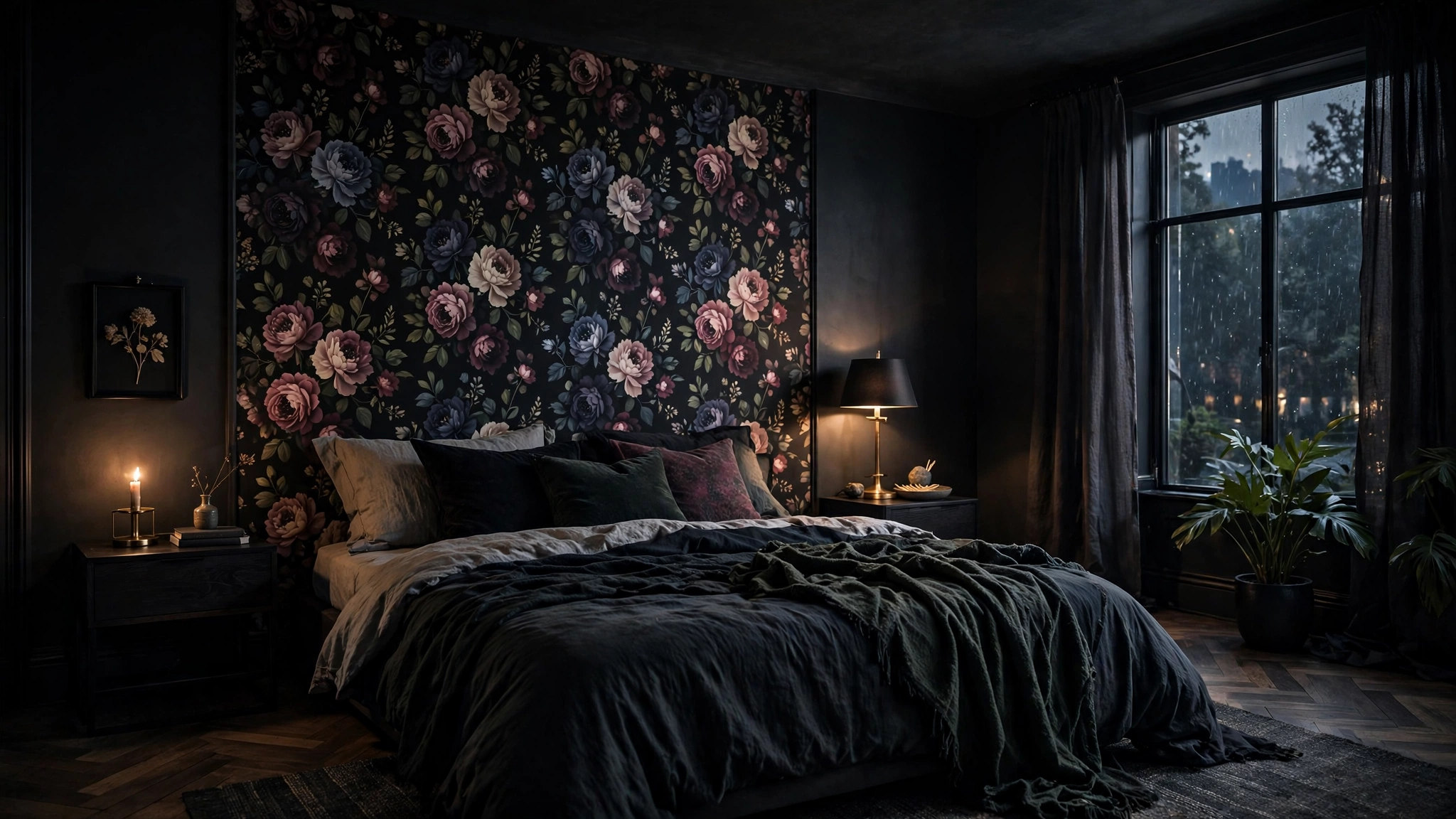 Bedroom with dark floral peel and stick wallpaper accent wall