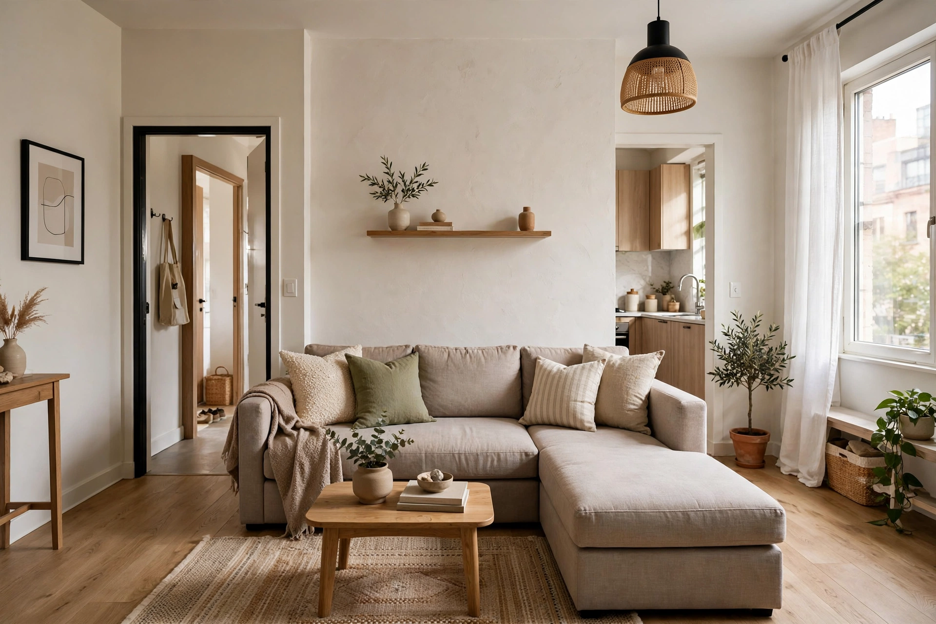 Boneless low sofa styled with textured throw pillows and soft blanket