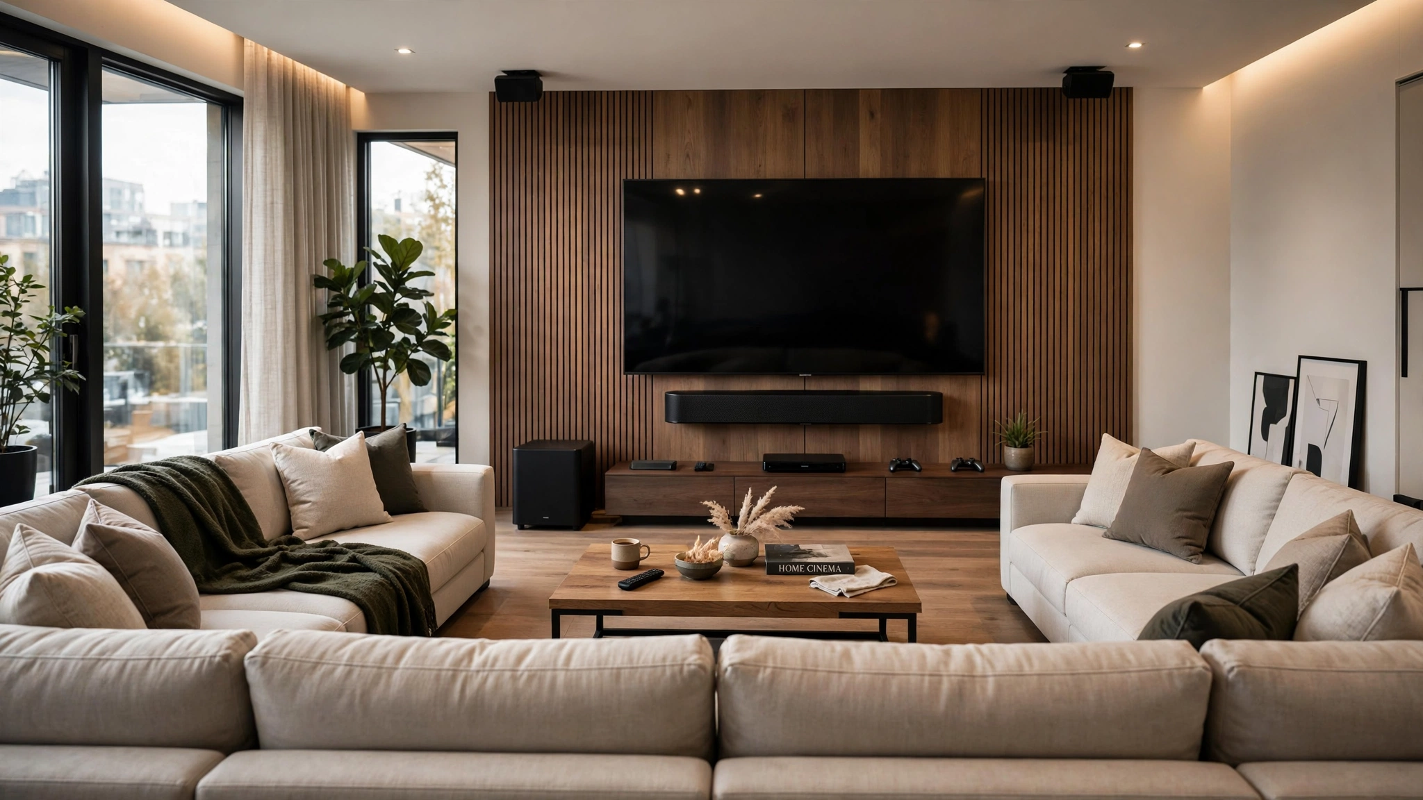 Modern soundbar with subwoofer under TV facing U-shaped couch