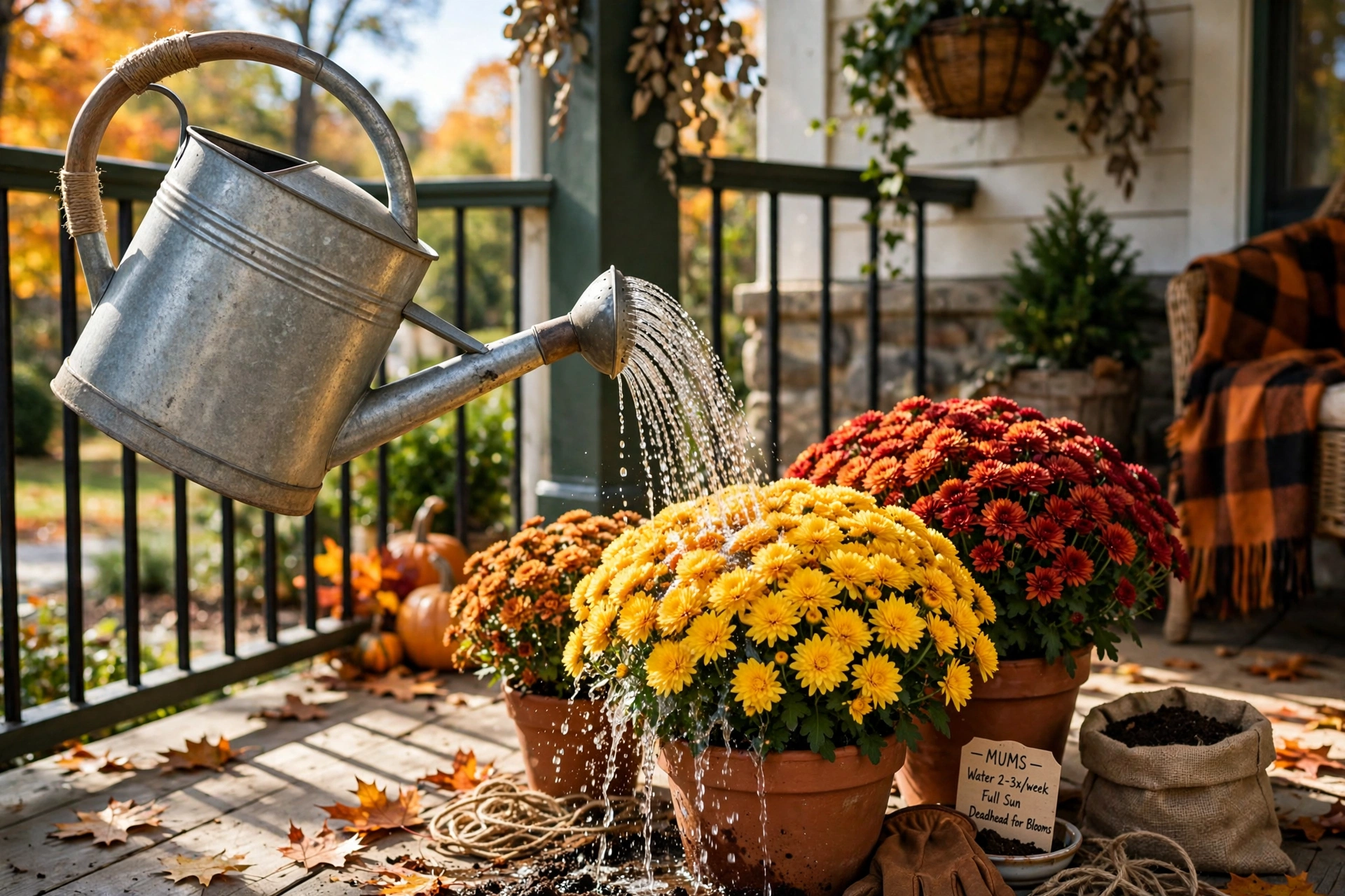 Metal outdoor watering can watering fall mums for weeks of color
