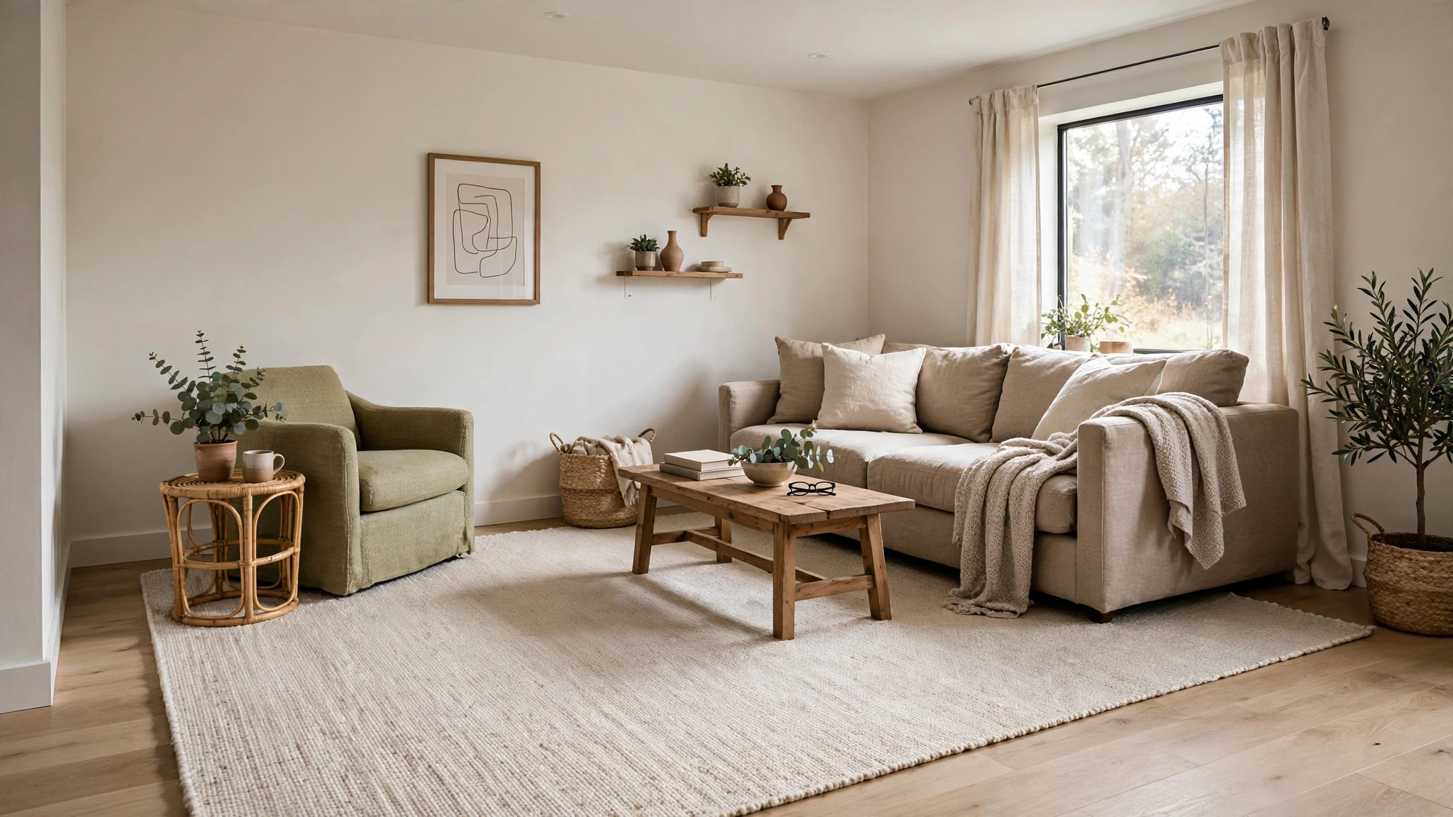 Tidy decluttered small living room with woven storage baskets