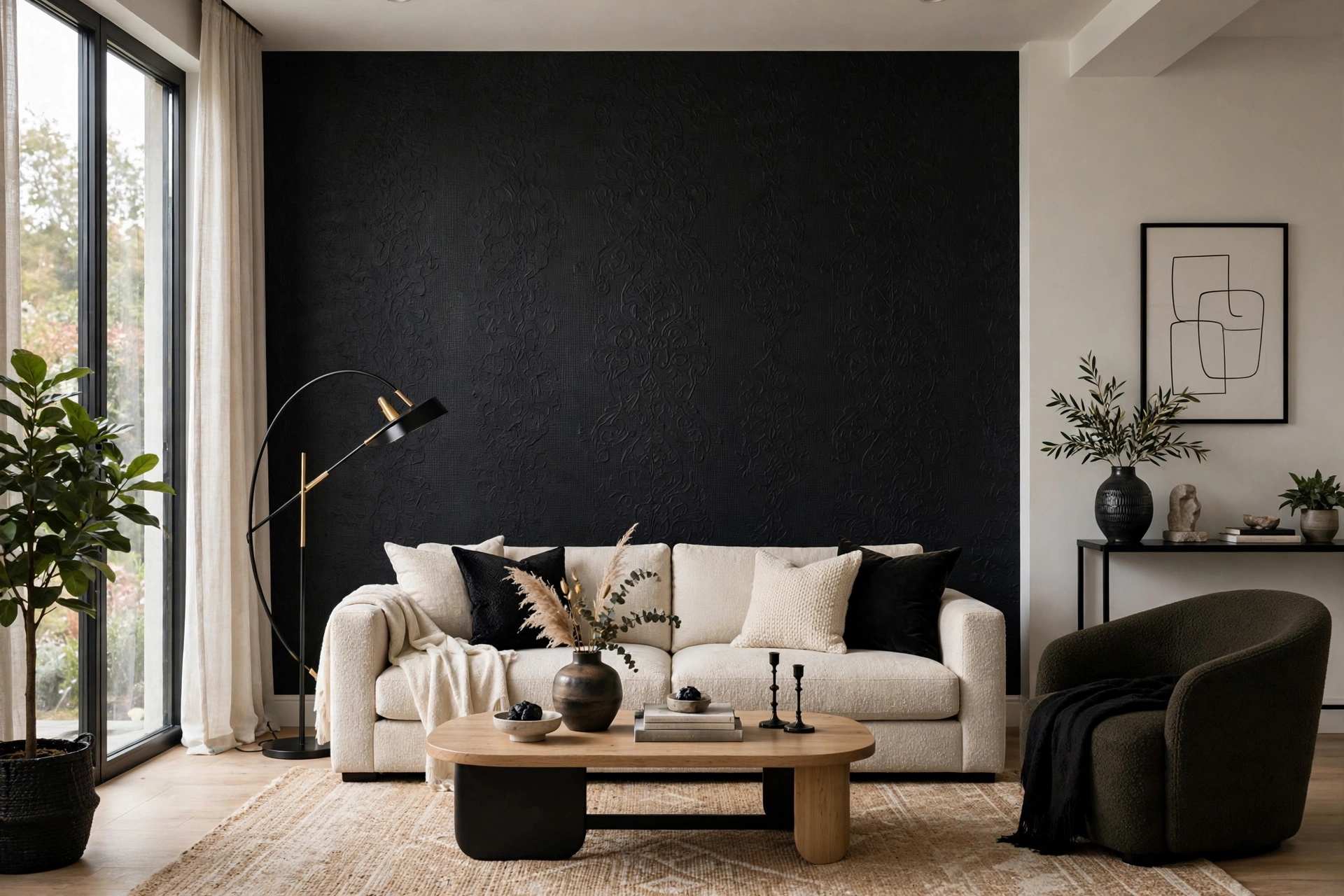 Black textured grasscloth wallpaper accent wall, rich depth