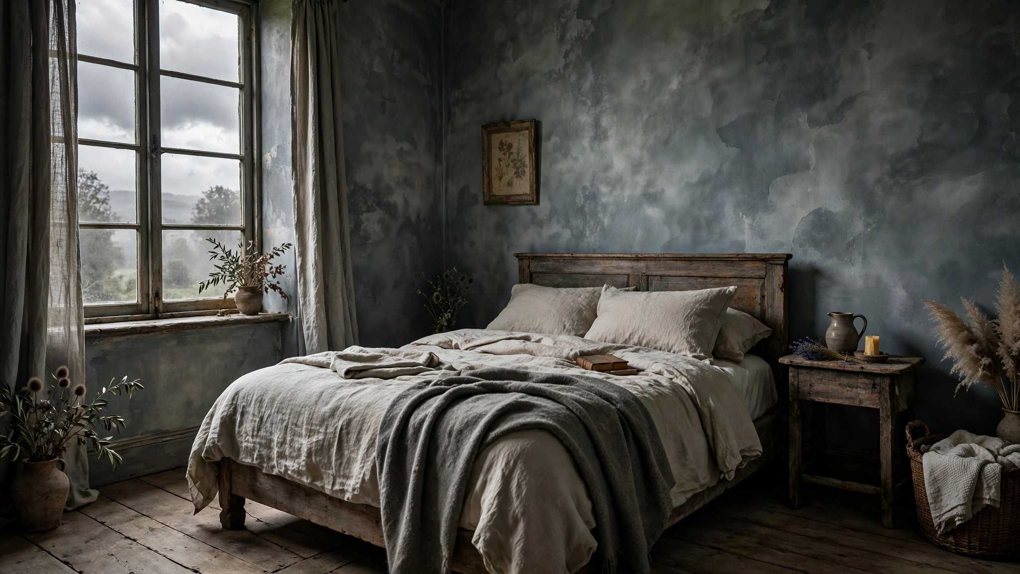 Bedroom with slate gray limewash textured wall, old world calm