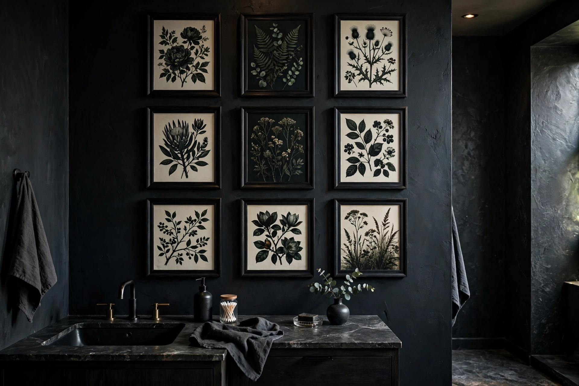 Dark botanical floral prints in black frames, moody bathroom art