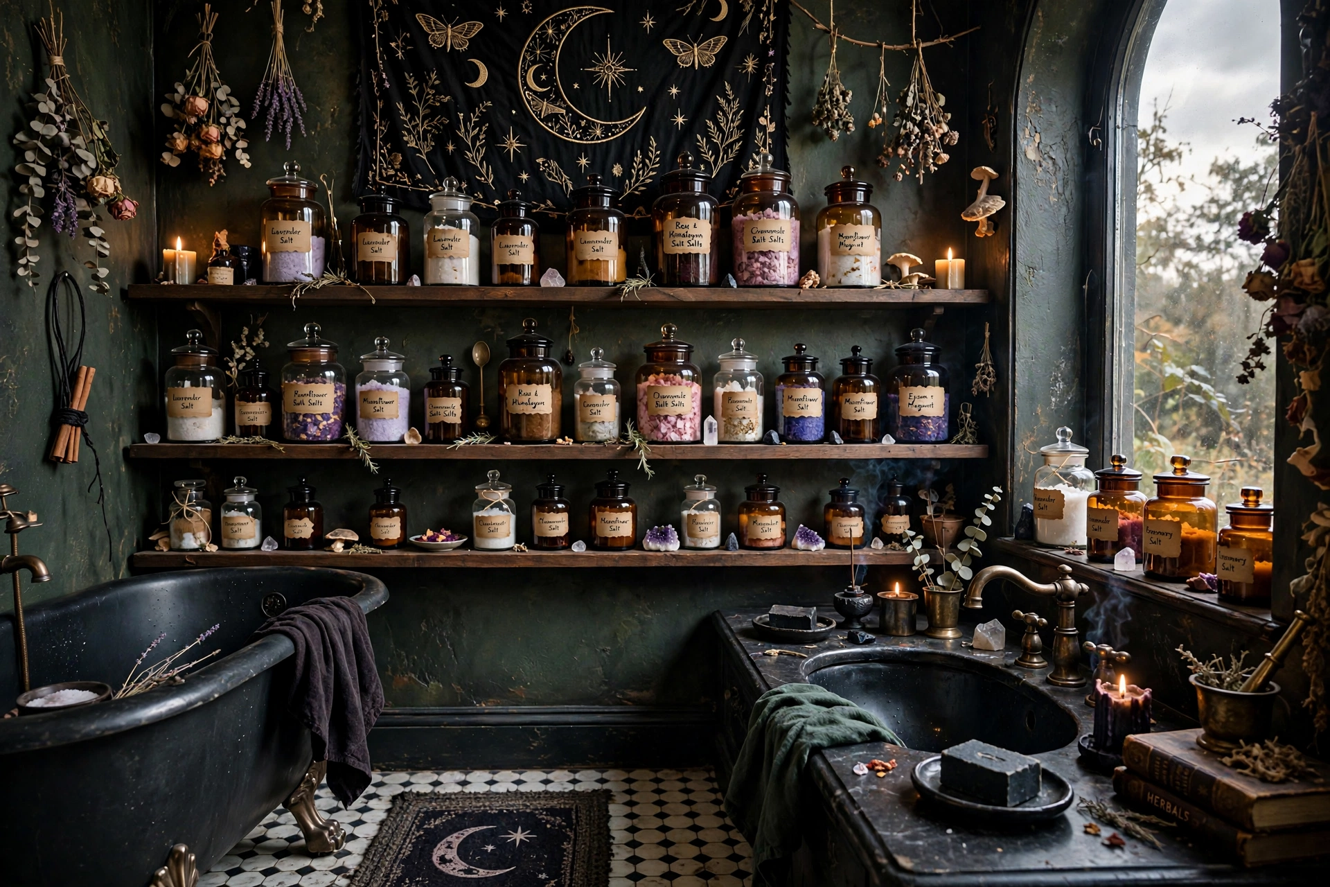 Amber glass apothecary jars on shelf in whimsigoth bathroom