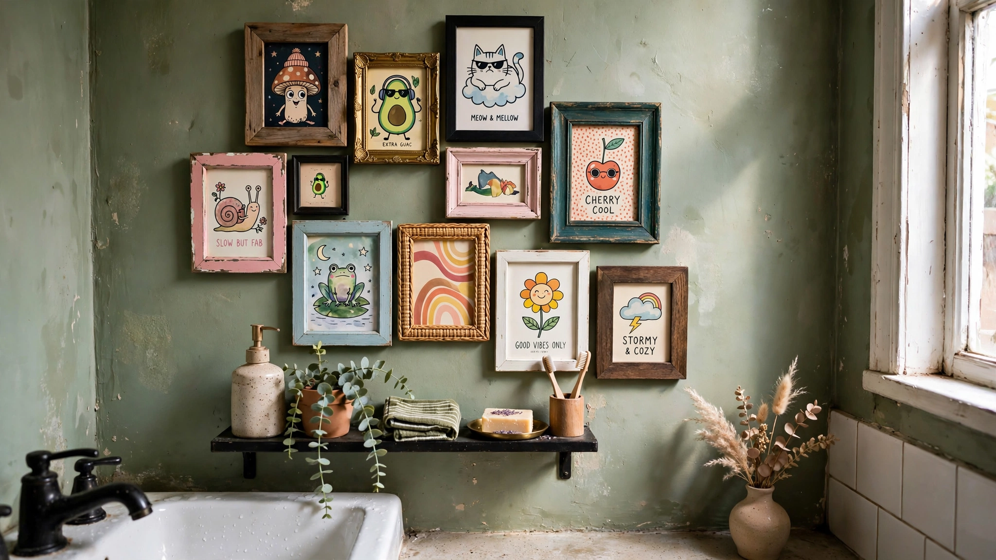 Mini gallery wall with small framed art in tiny bathroom