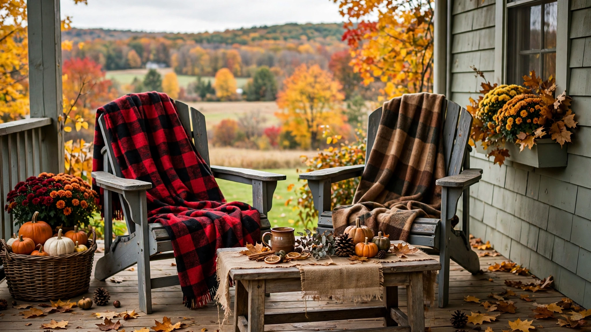 Plaid throw blanket and burlap textiles on rustic fall porch chairs