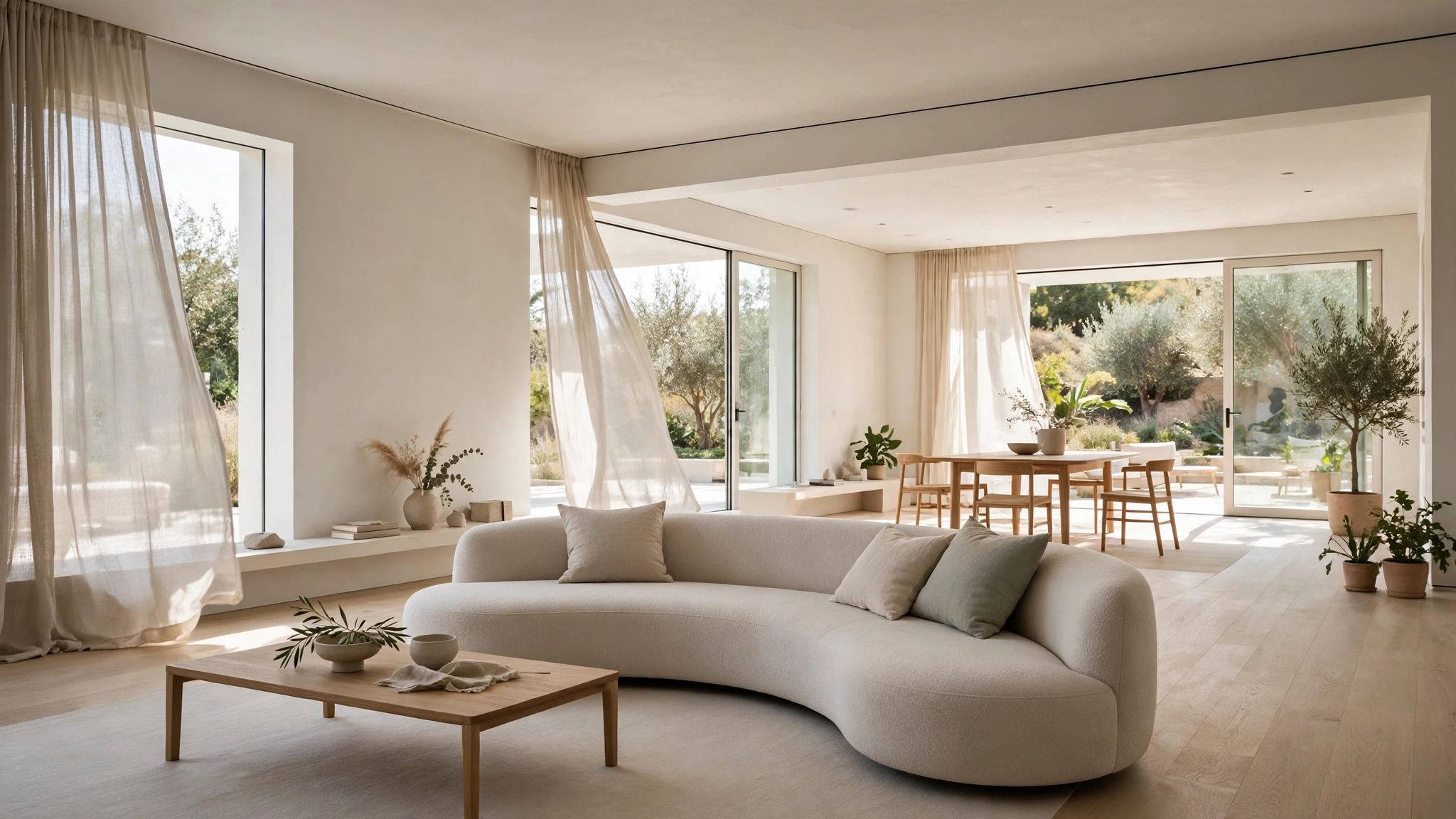 Curved sofa in open minimalist living room with clear sightlines, airy