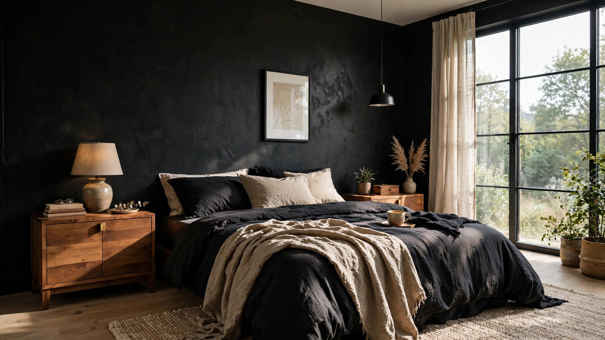 Bedroom with ink black walls and warm wood nightstands, balanced
