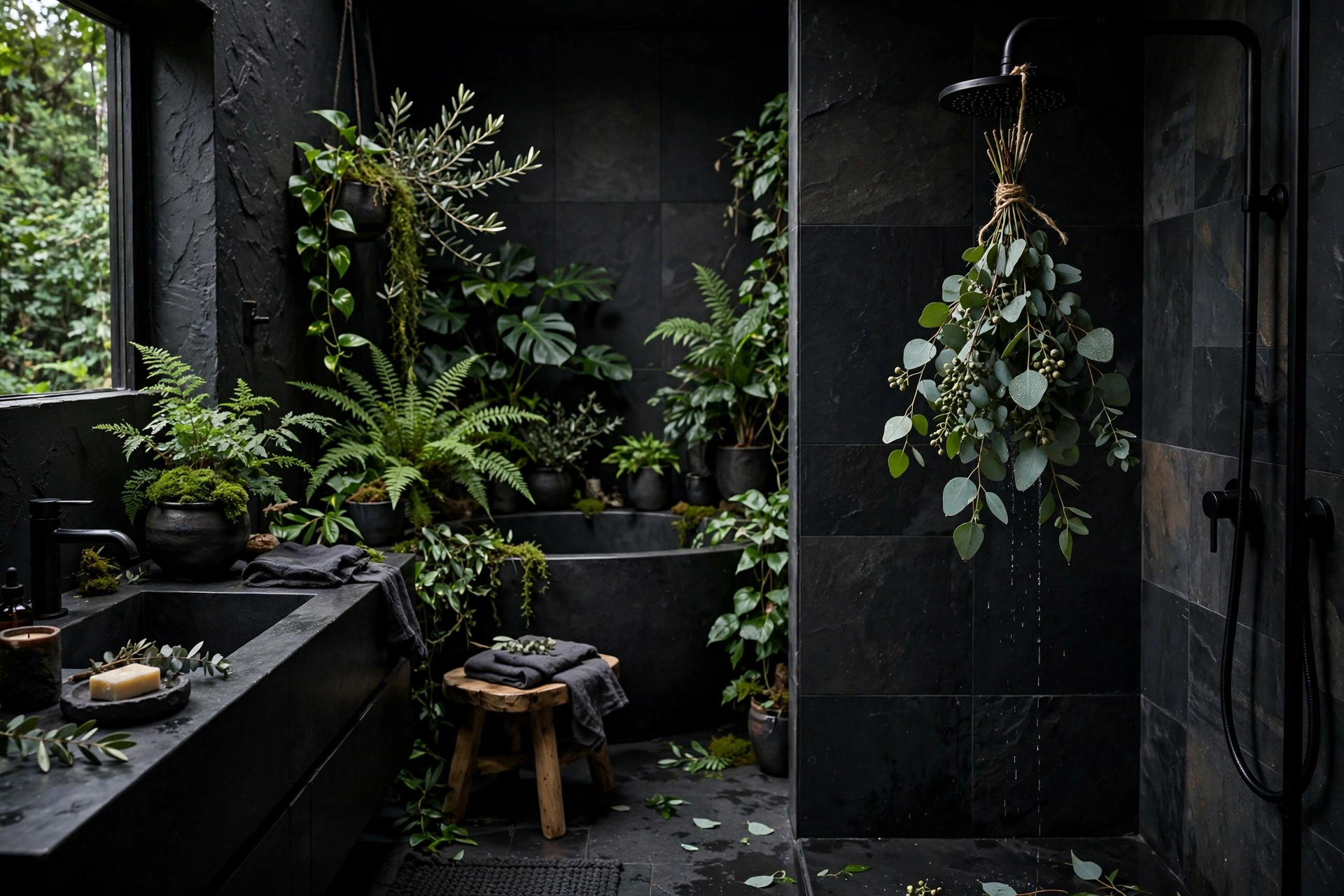 Eucalyptus bundle hanging from shower head in dark bathroom
