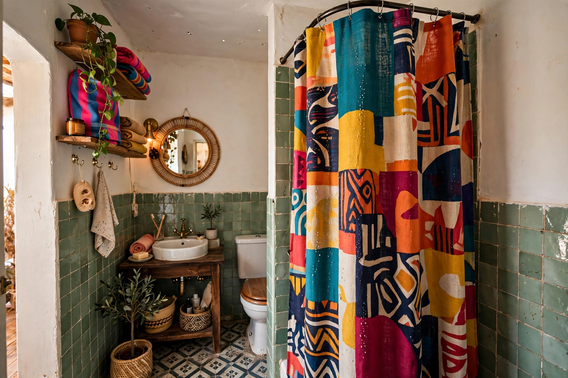 Bold patterned shower curtain as art in funky small bathroom