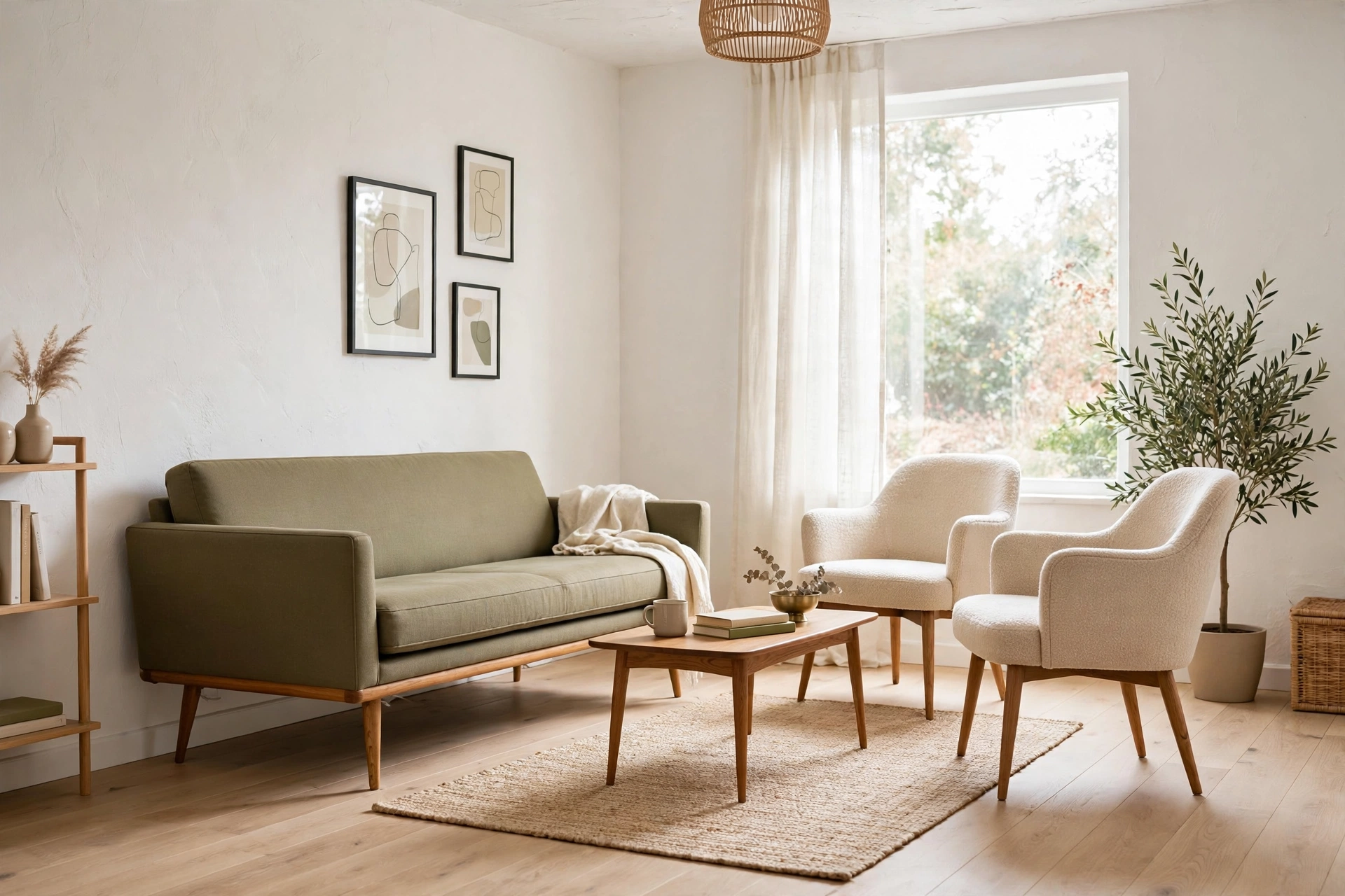 Glass coffee table in small living room, transparent invisible furniture