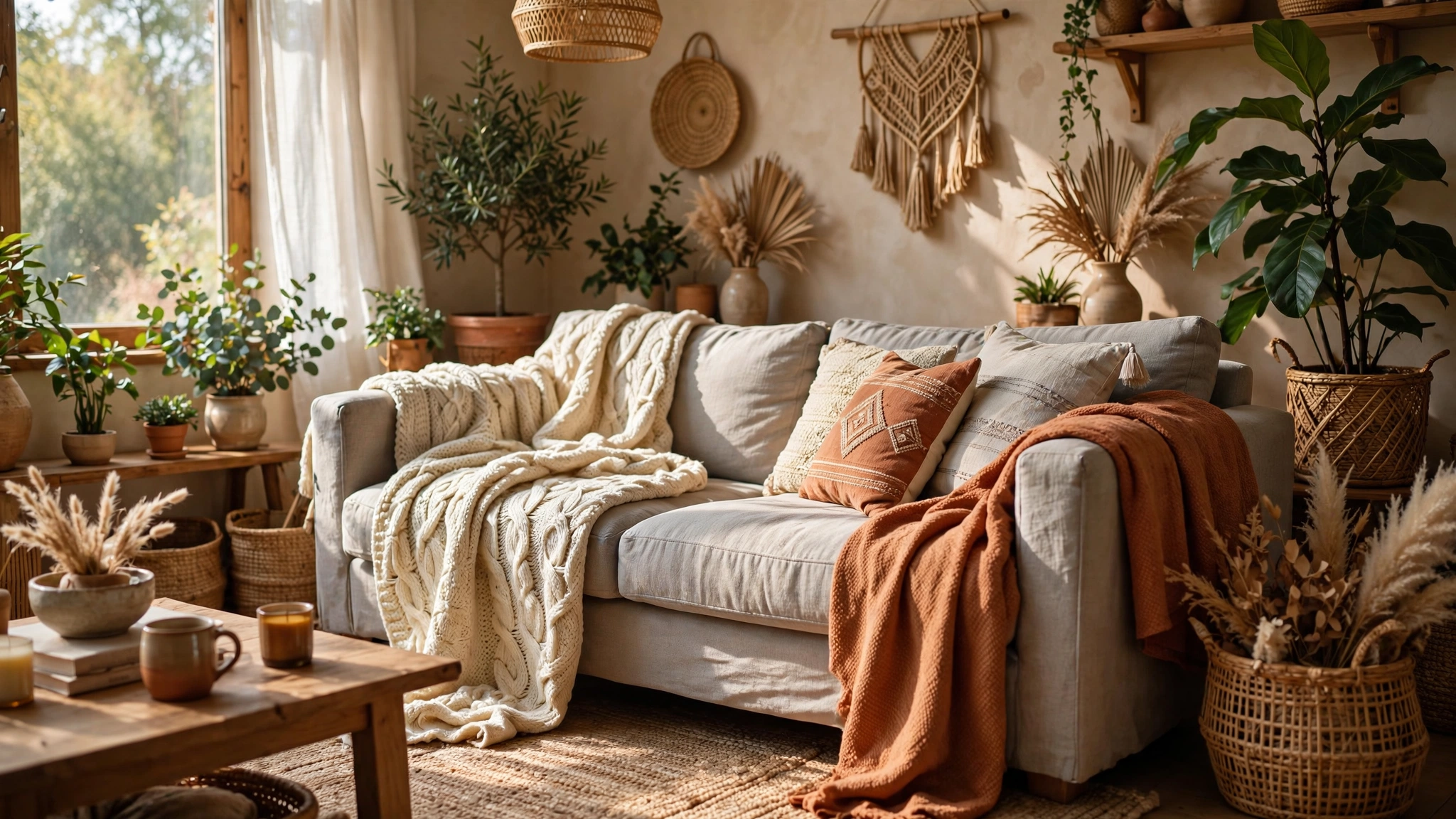 Grey couch with chunky knit throws draped diagonally in a boho living room