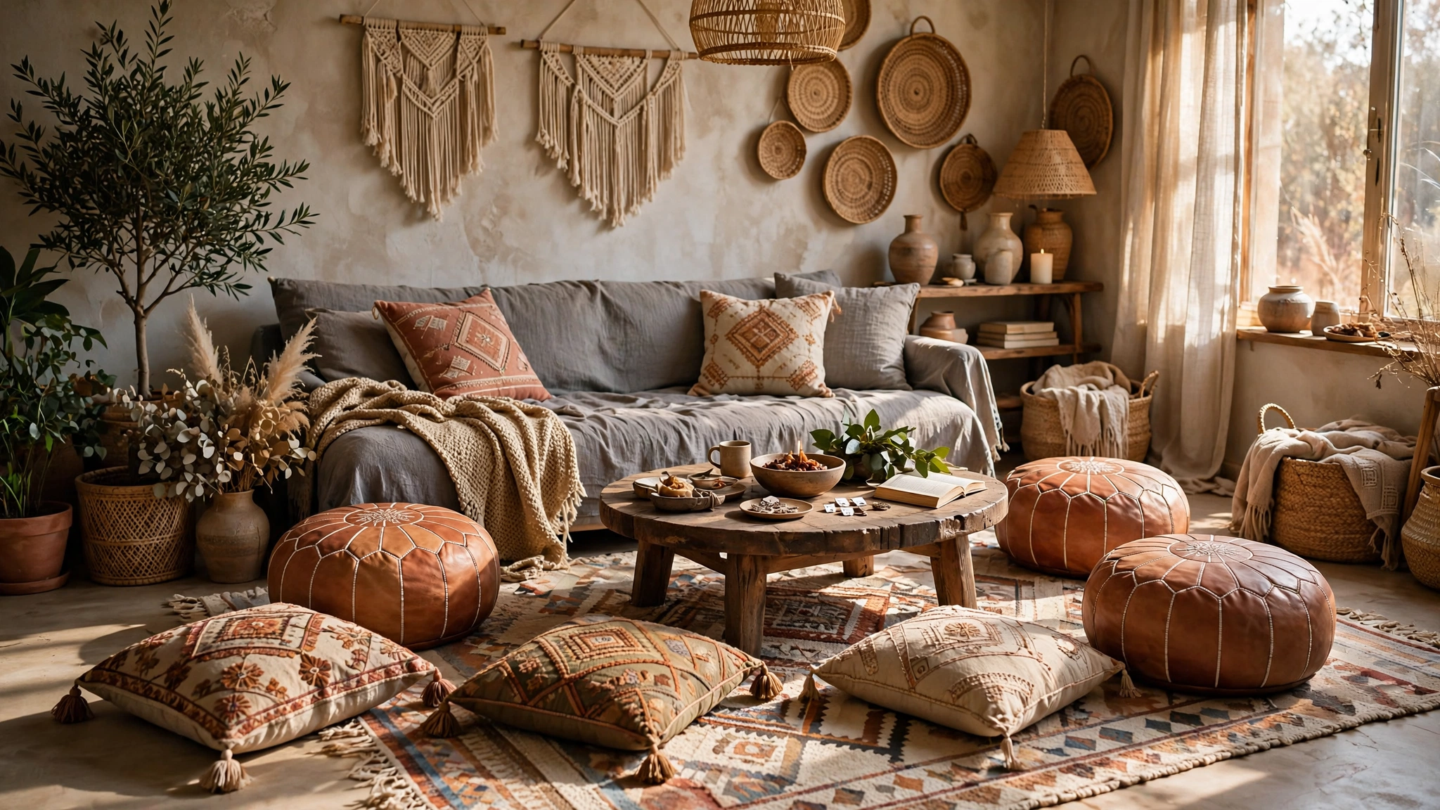 Grey couch with Moroccan leather poufs and floor cushions around coffee table