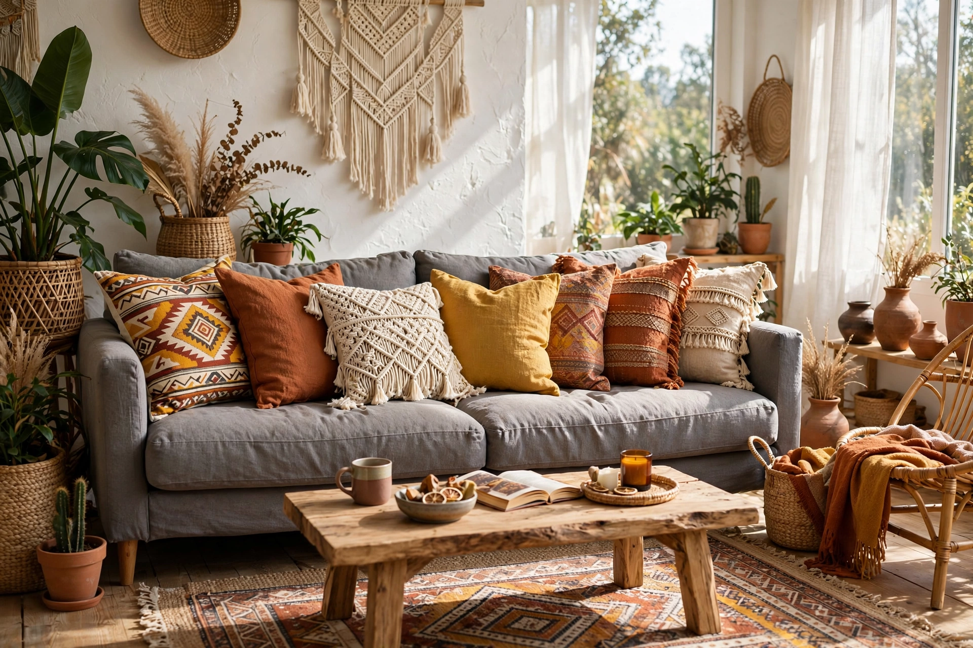 Grey couch styled with mixed boho throw pillows in tribal print and mustard