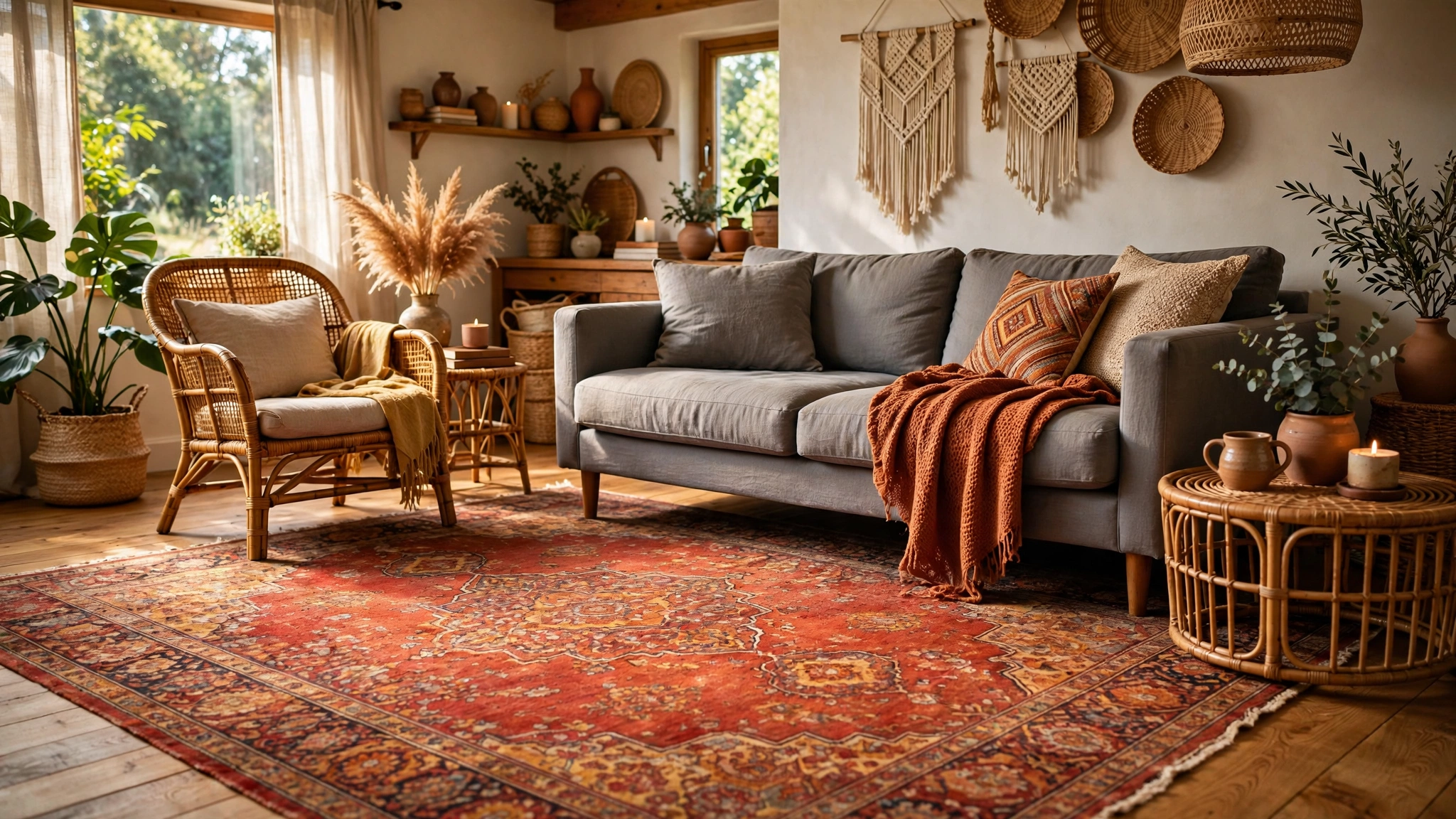 Grey couch with front legs on a vintage Persian rug with warm reds