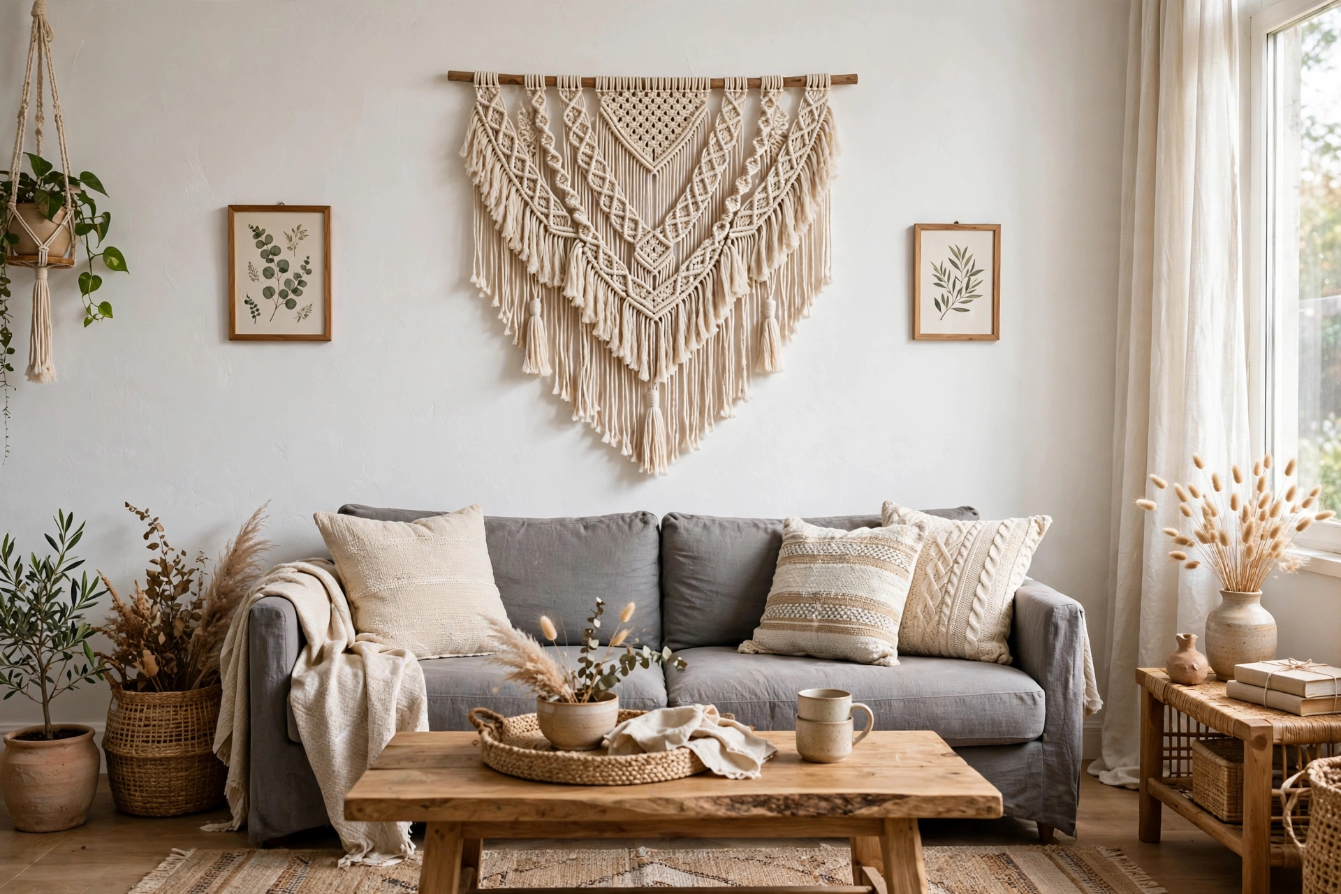 Grey couch with large macrame wall hanging above it in boho living room