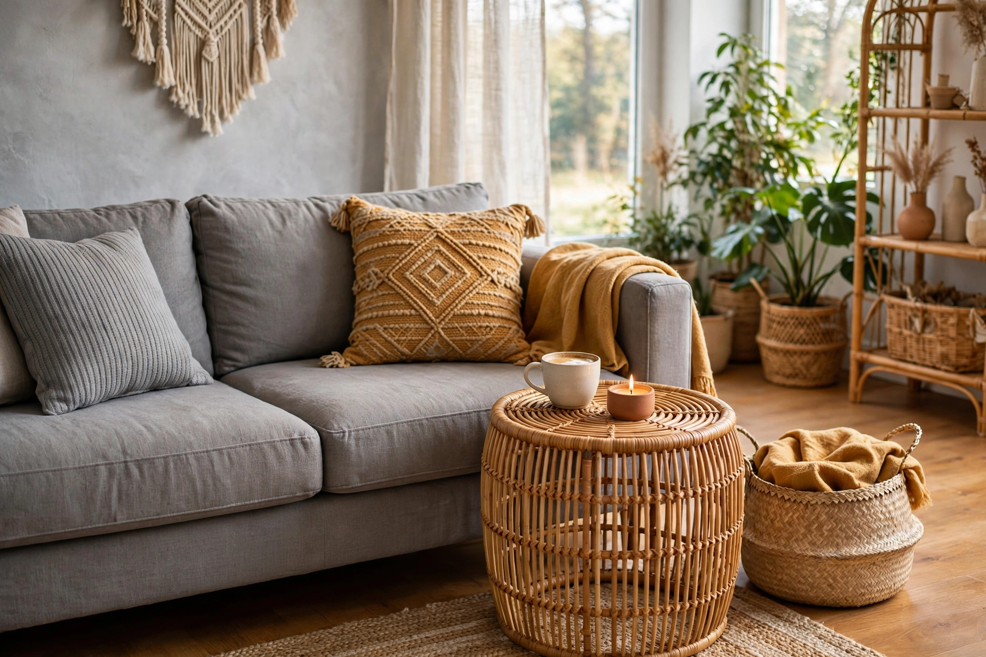 Grey couch with round rattan side table holding coffee cup and candle