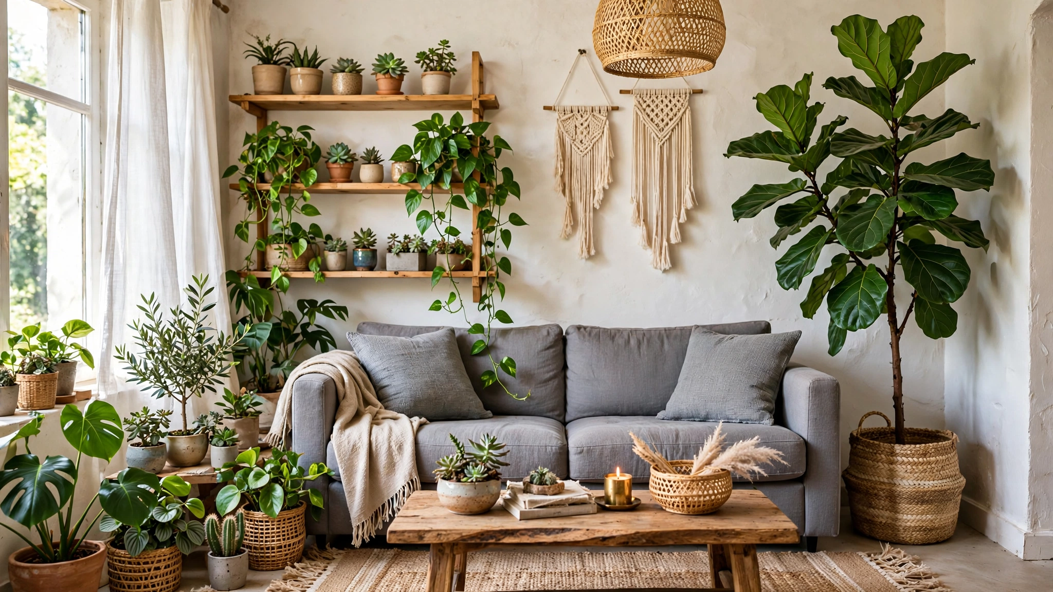 Grey couch surrounded by houseplants including fiddle leaf fig in seagrass basket