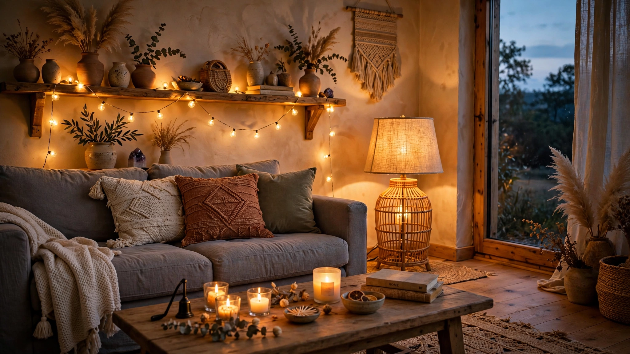 Grey couch in boho living room at dusk with warm rattan floor lamp glow