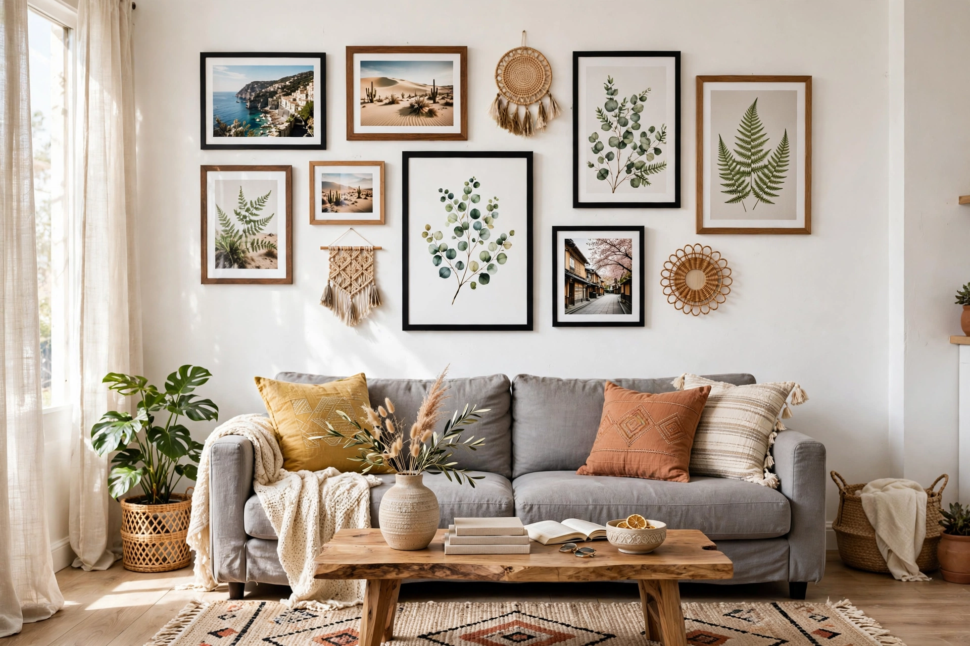 Grey couch below eclectic boho gallery wall with mixed frames