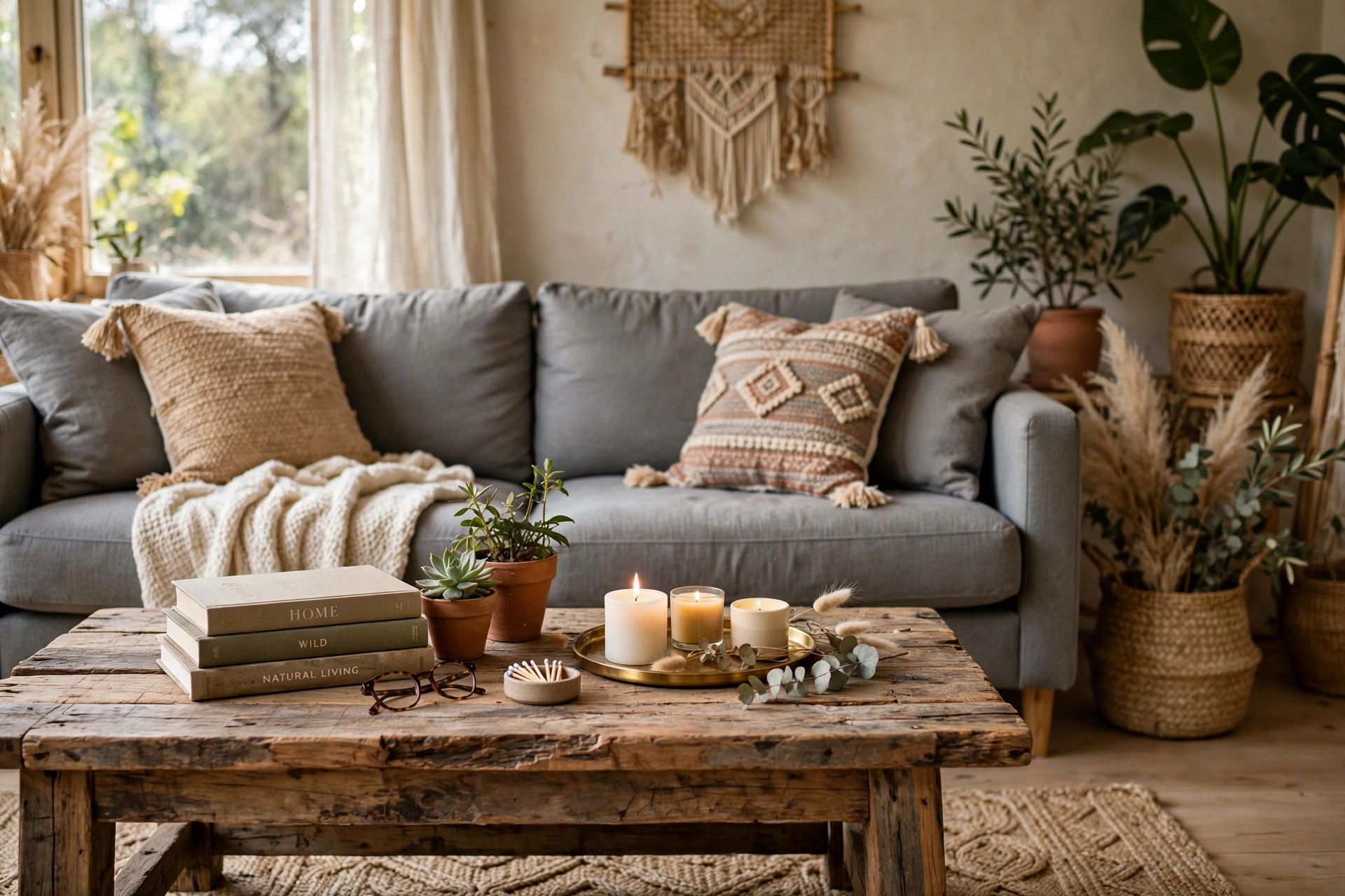 Grey couch with reclaimed wood coffee table styled with books and plant