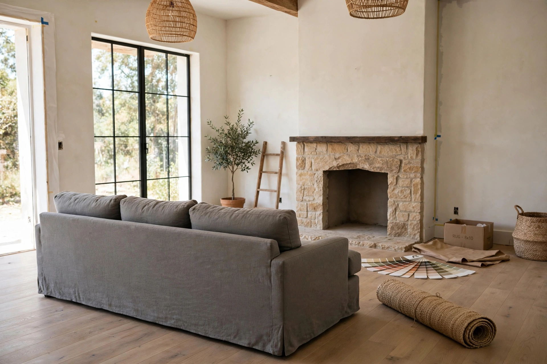 Gray linen three-seater sofa as anchor in boho living room from scratch