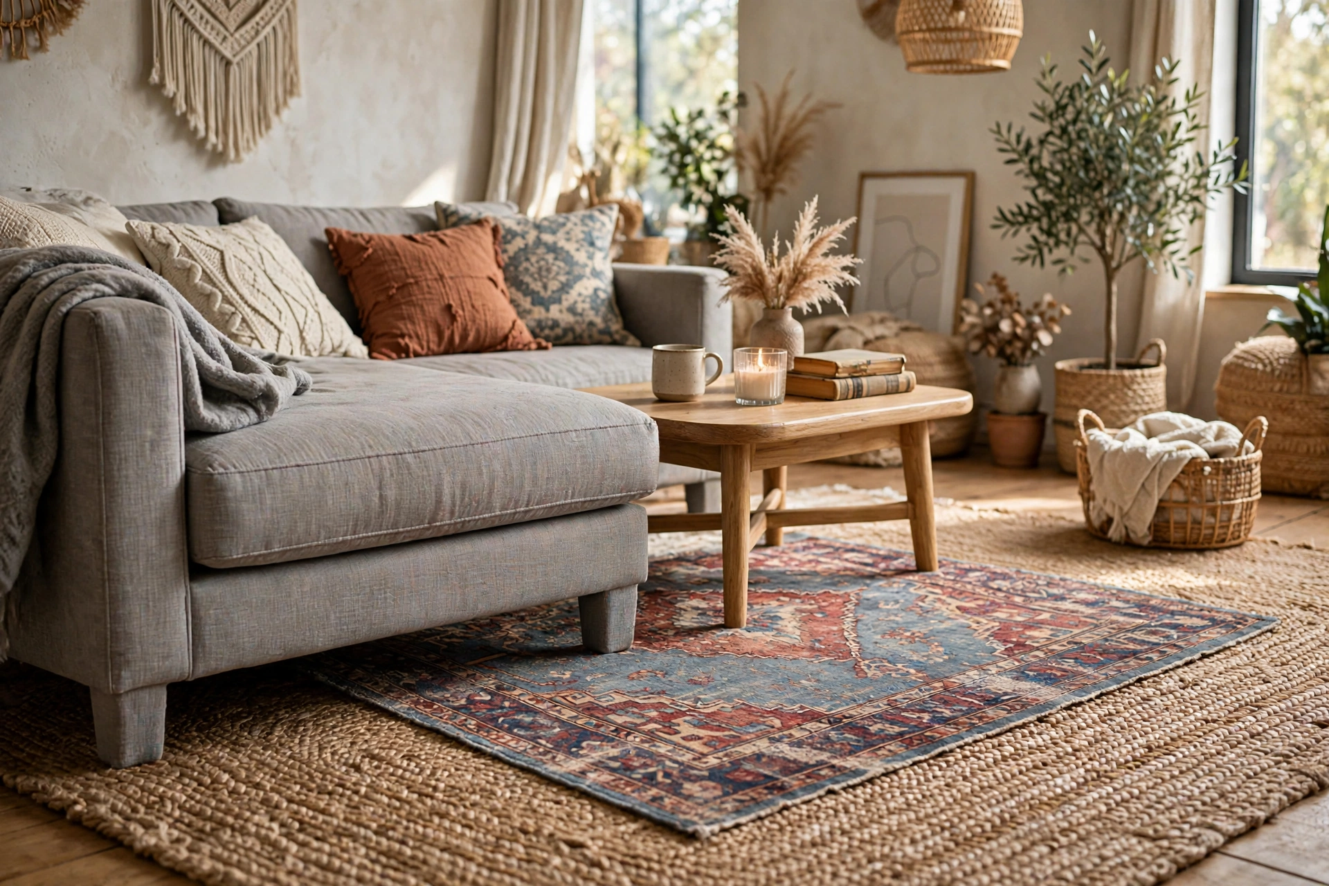 Layered jute rug with vintage patterned rug on top in boho living room
