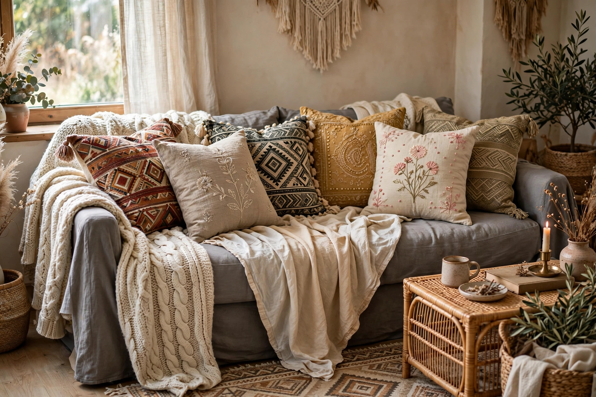 Gray sofa with mixed boho throw pillows and draped throws