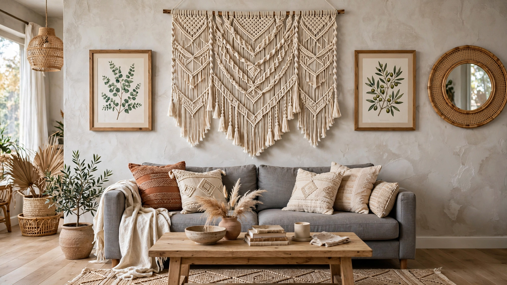 Gray sofa with macrame wall hanging and framed prints above