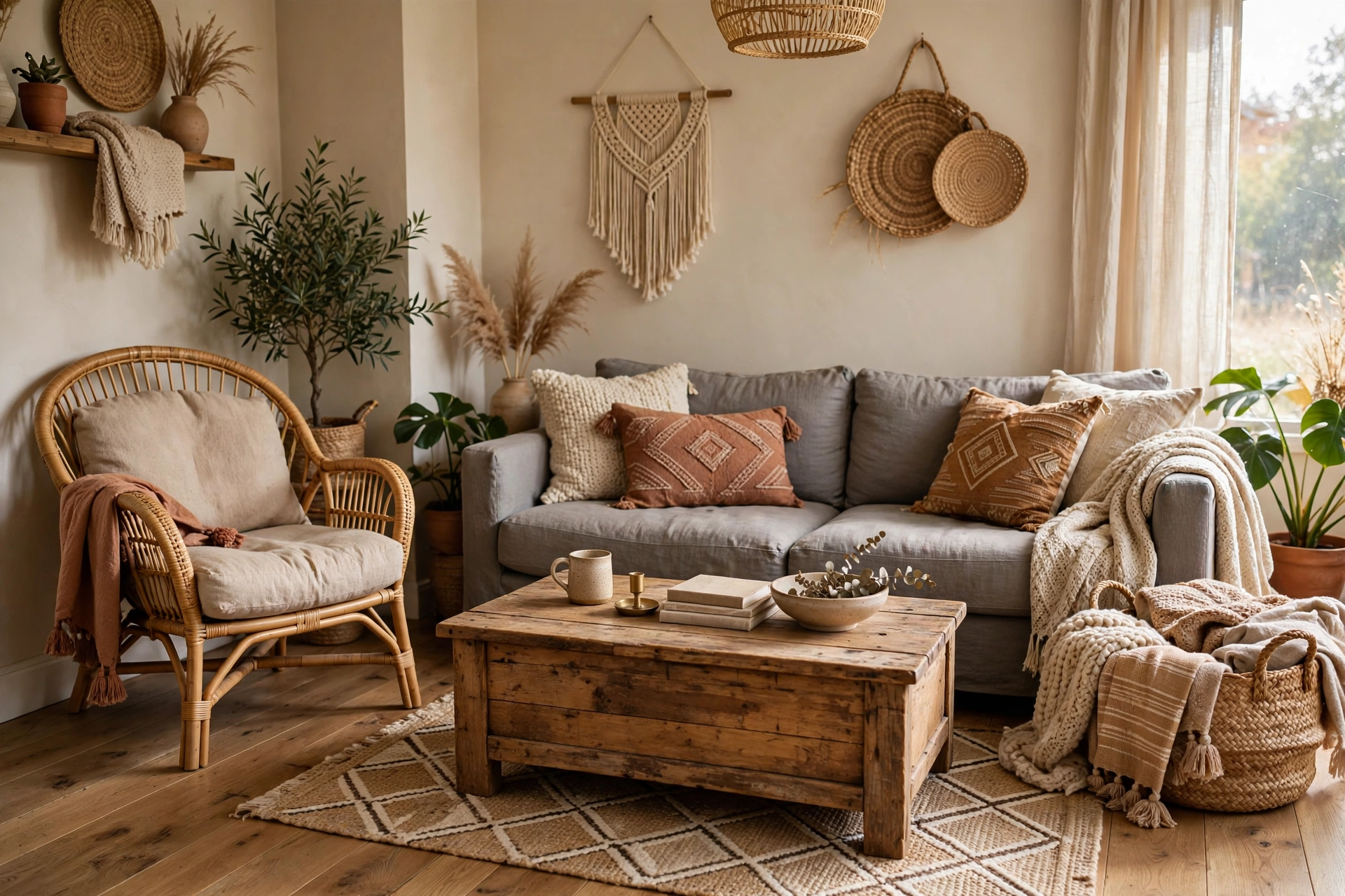 Rattan accent chair and reclaimed wood coffee table in boho living room
