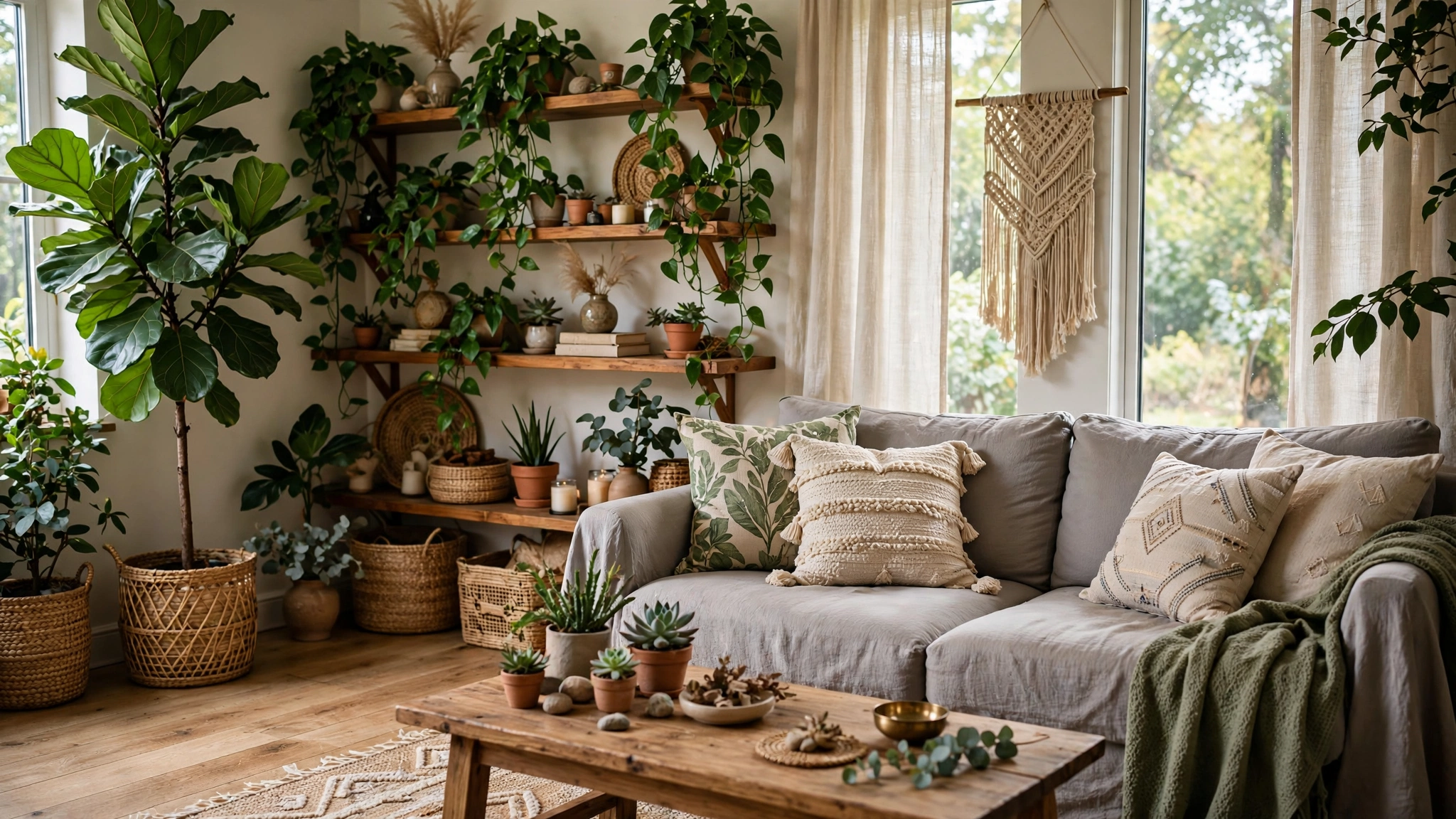 Boho living room with fiddle leaf fig, pothos and succulents around gray sofa