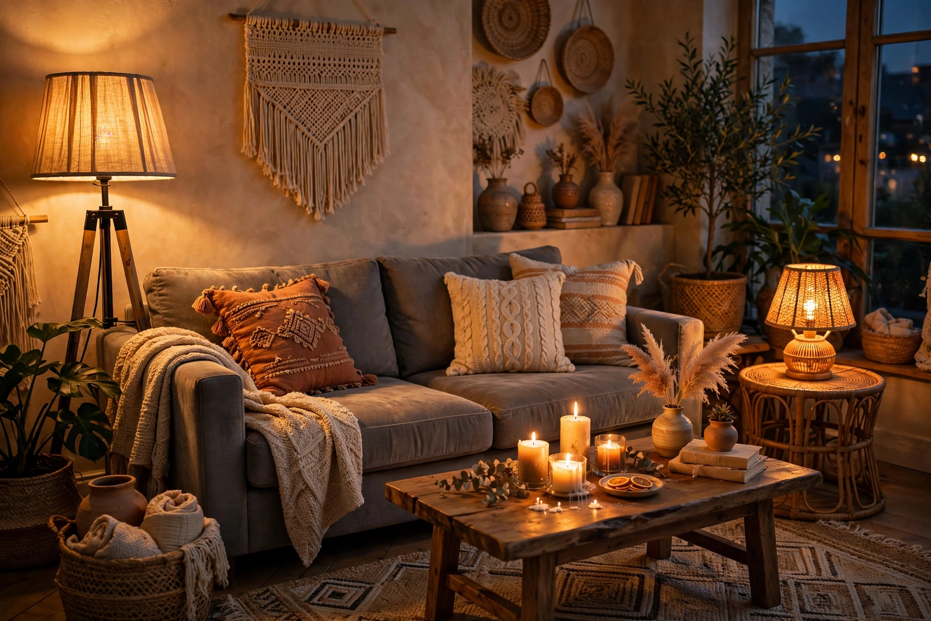 Cozy boho living room evening with floor lamp, table lamp and candles glowing