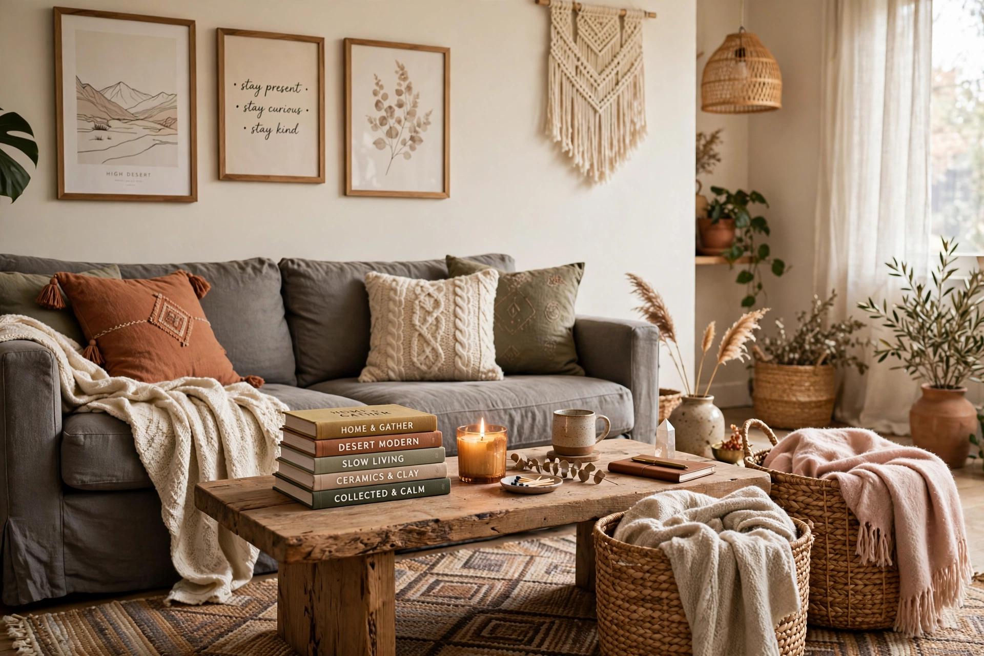 Boho living room with books, woven baskets, candle and personal art details