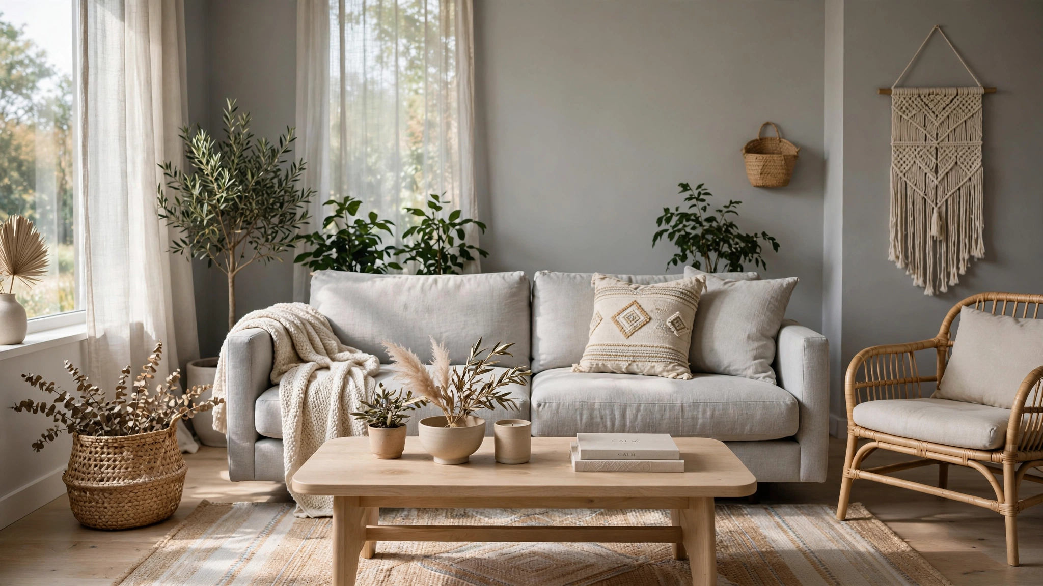 Light gray sofa as quiet neutral canvas in serene boho living room