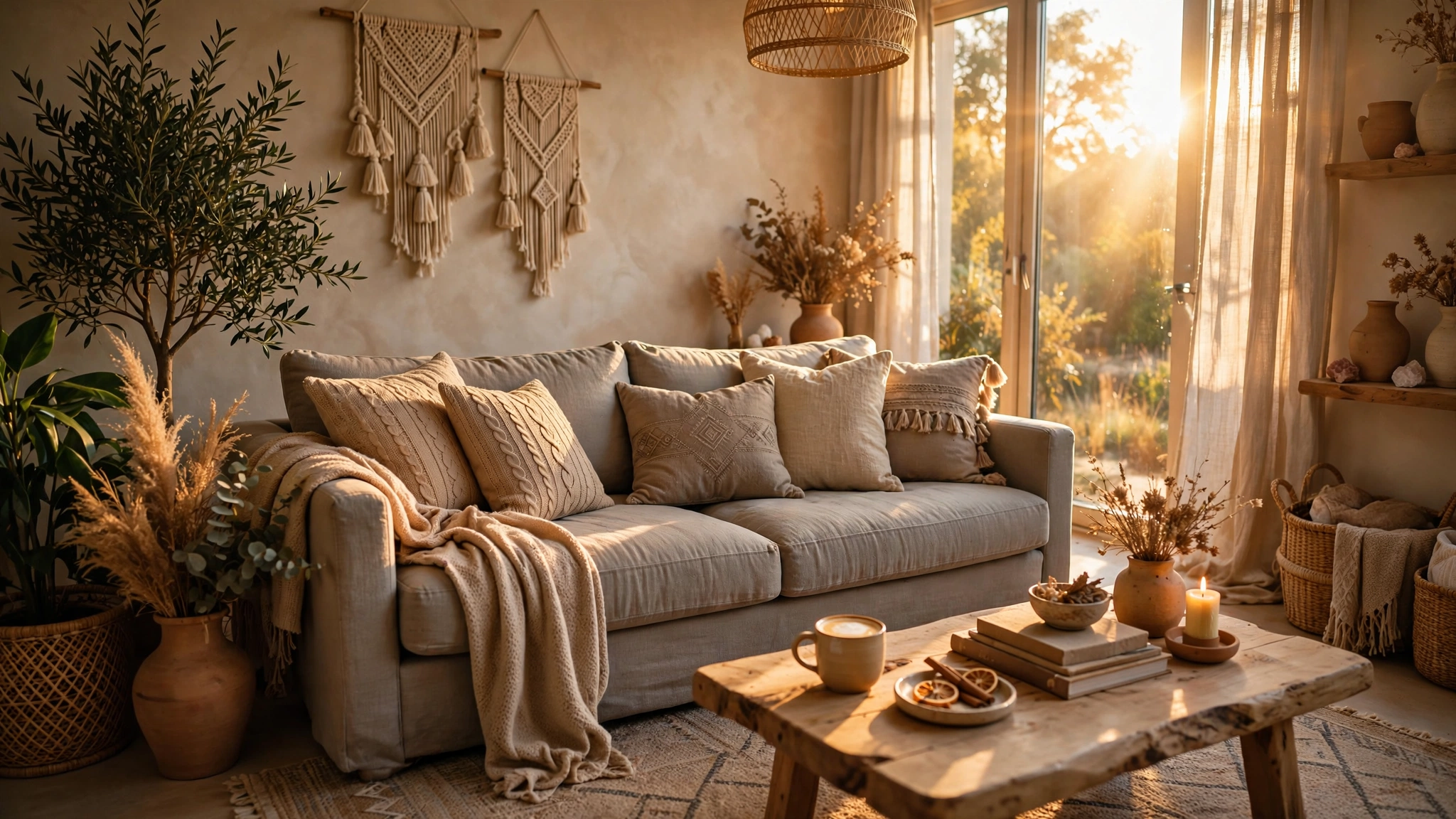 Warm greige gray sofa with beige throw pillows in golden afternoon light