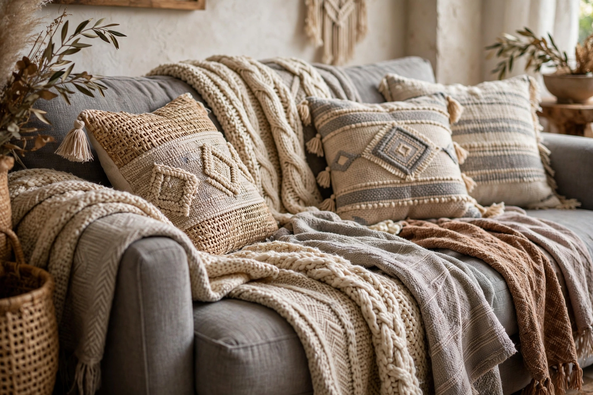 Close layered view of gray boho sofa with chunky knit throw and woven pillows