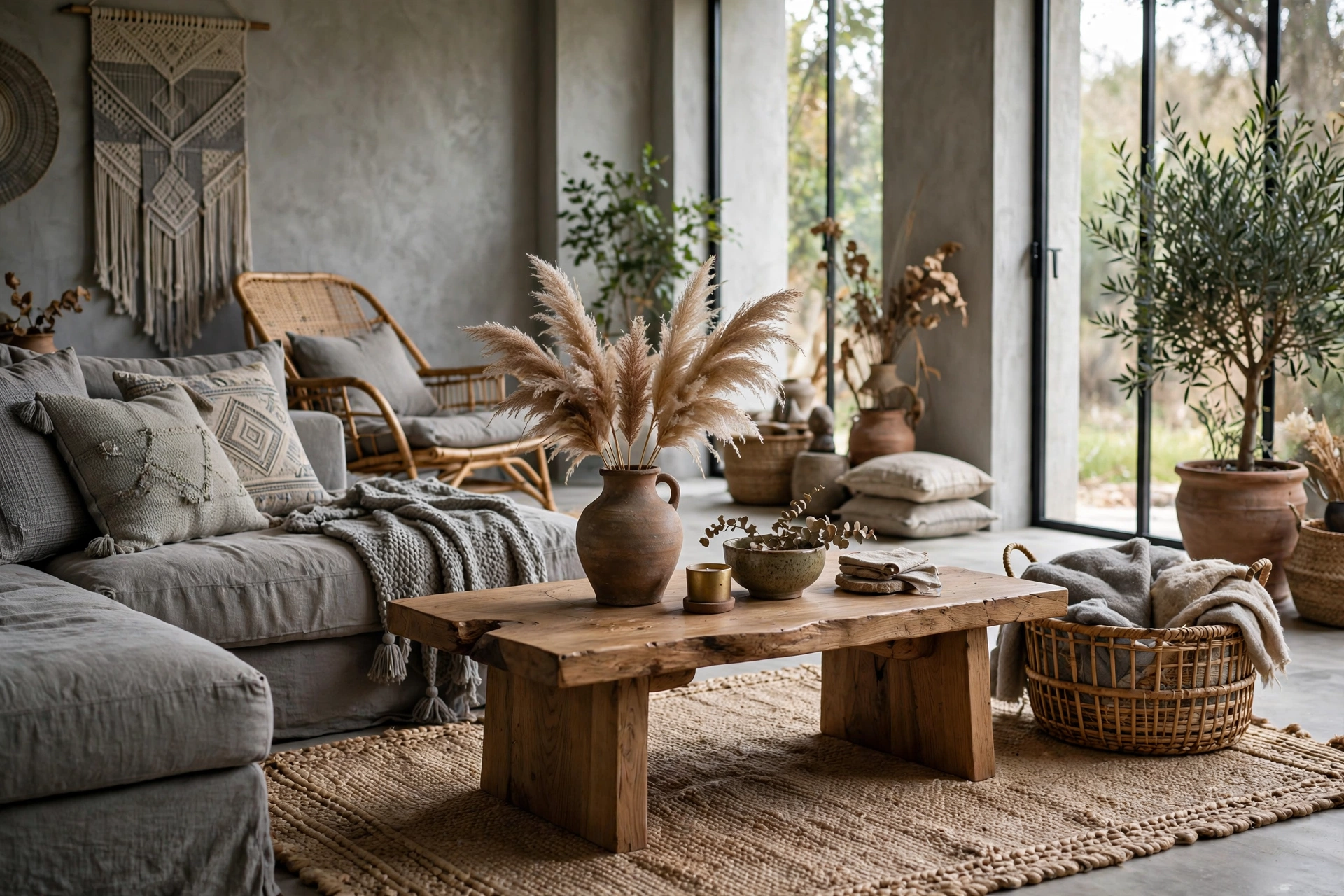 Gray boho living room with rattan basket, jute rug, wood table, clay vase