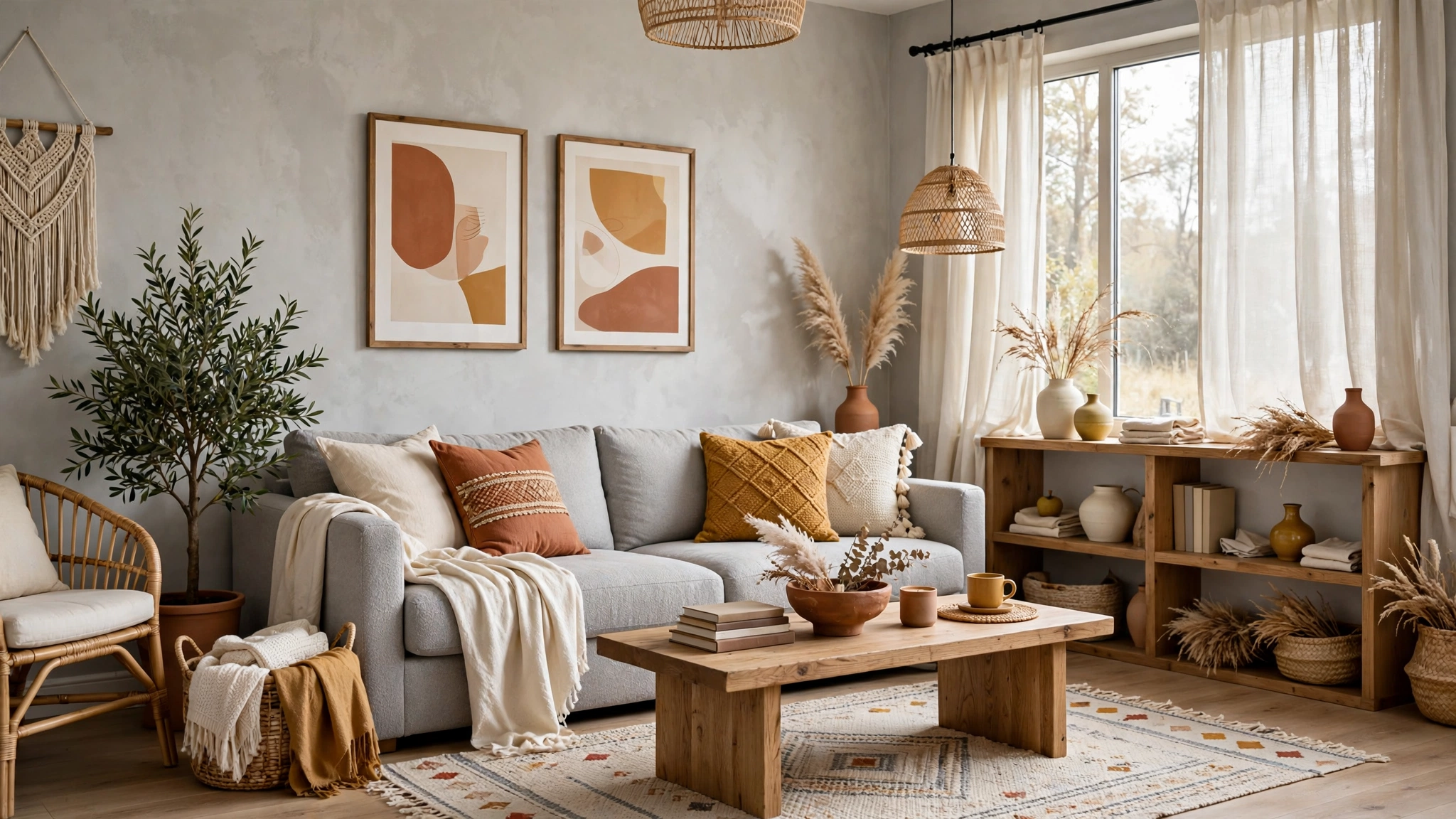 Gray boho living room with terracotta and mustard accents, 80/20 color balance