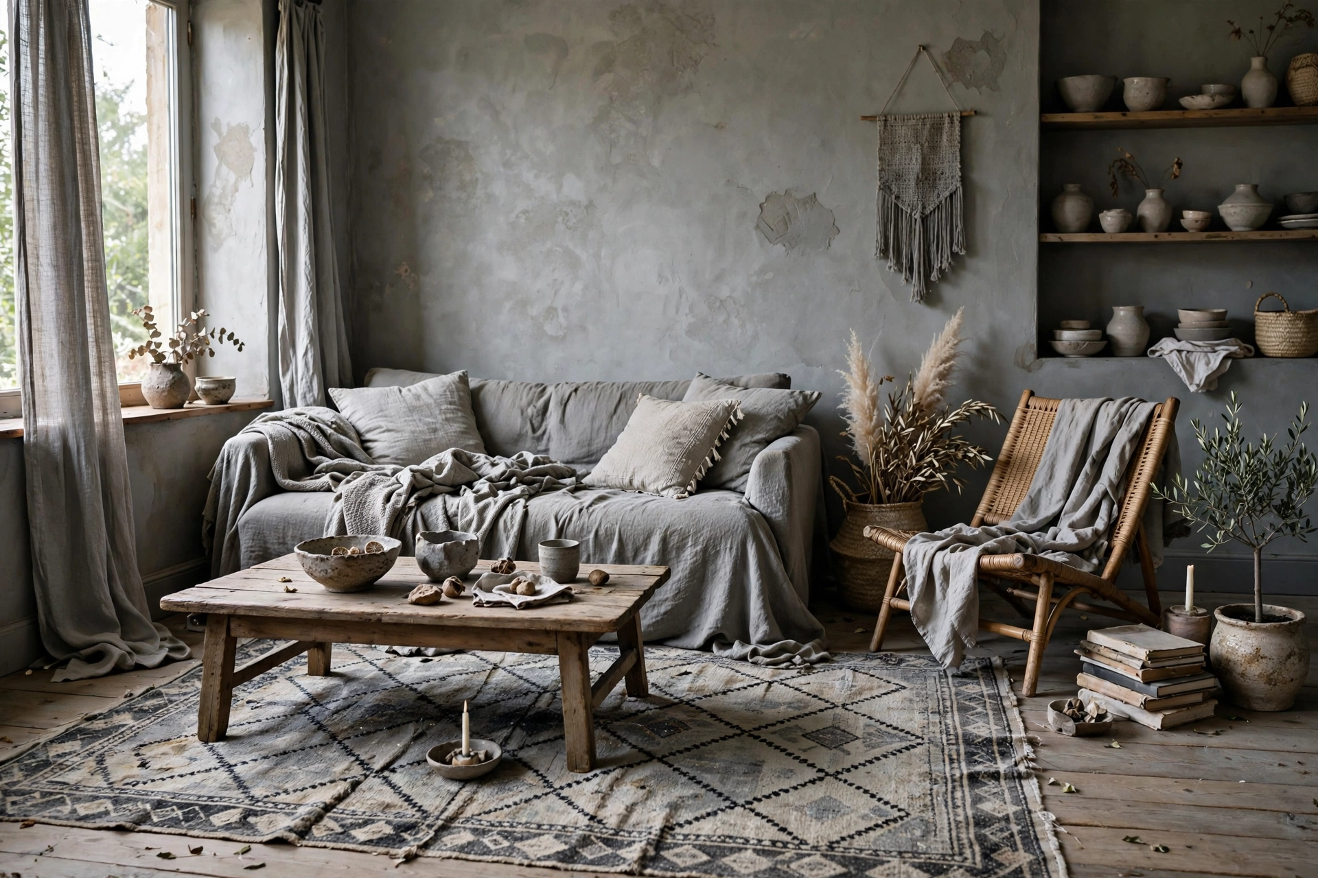 Gray boho living room with vintage moroccan rug and handmade ceramics, lived-in charm
