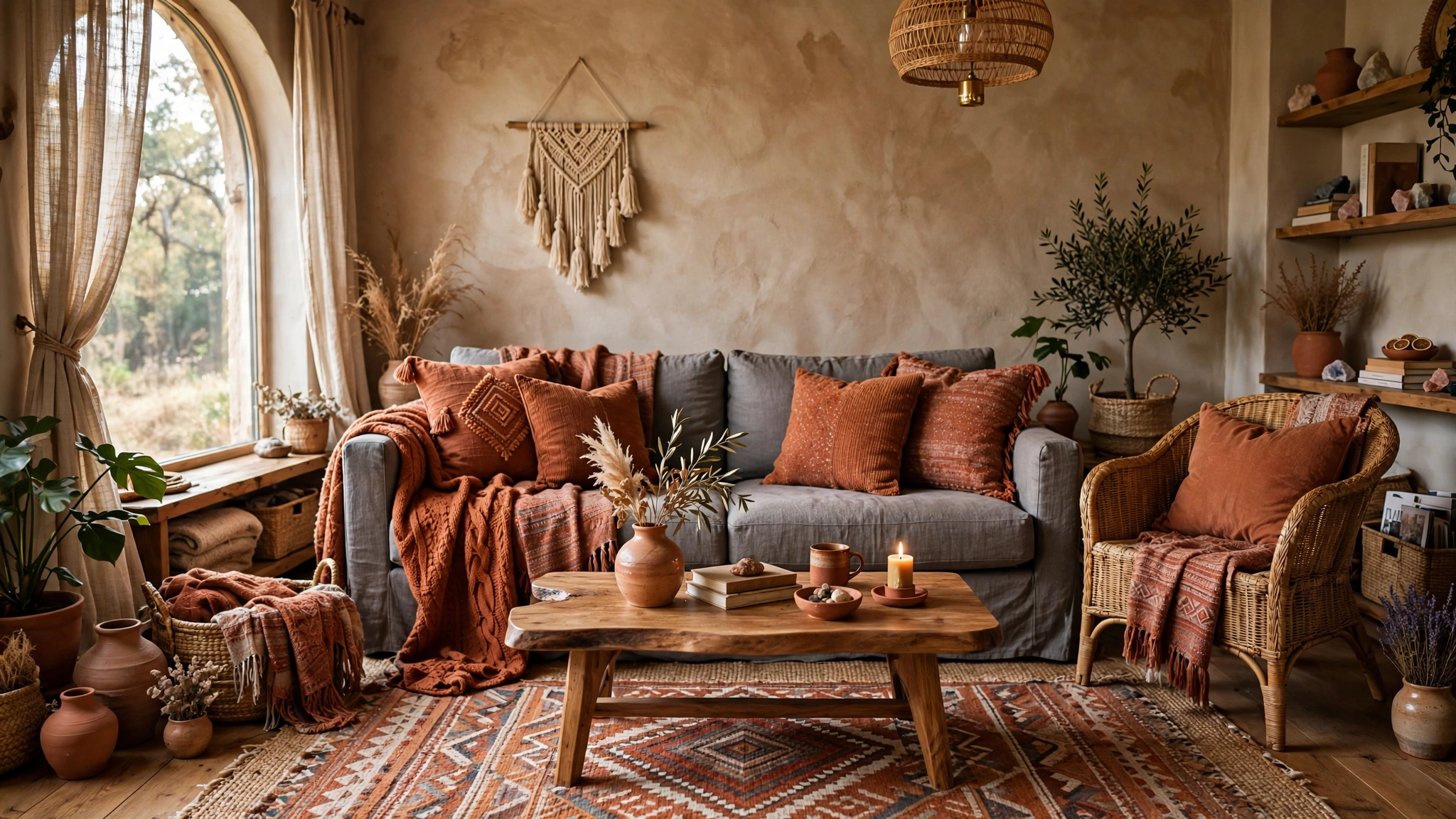 Gray couch styled with terracotta and rust tone throw pillows, warm earthy boho living room