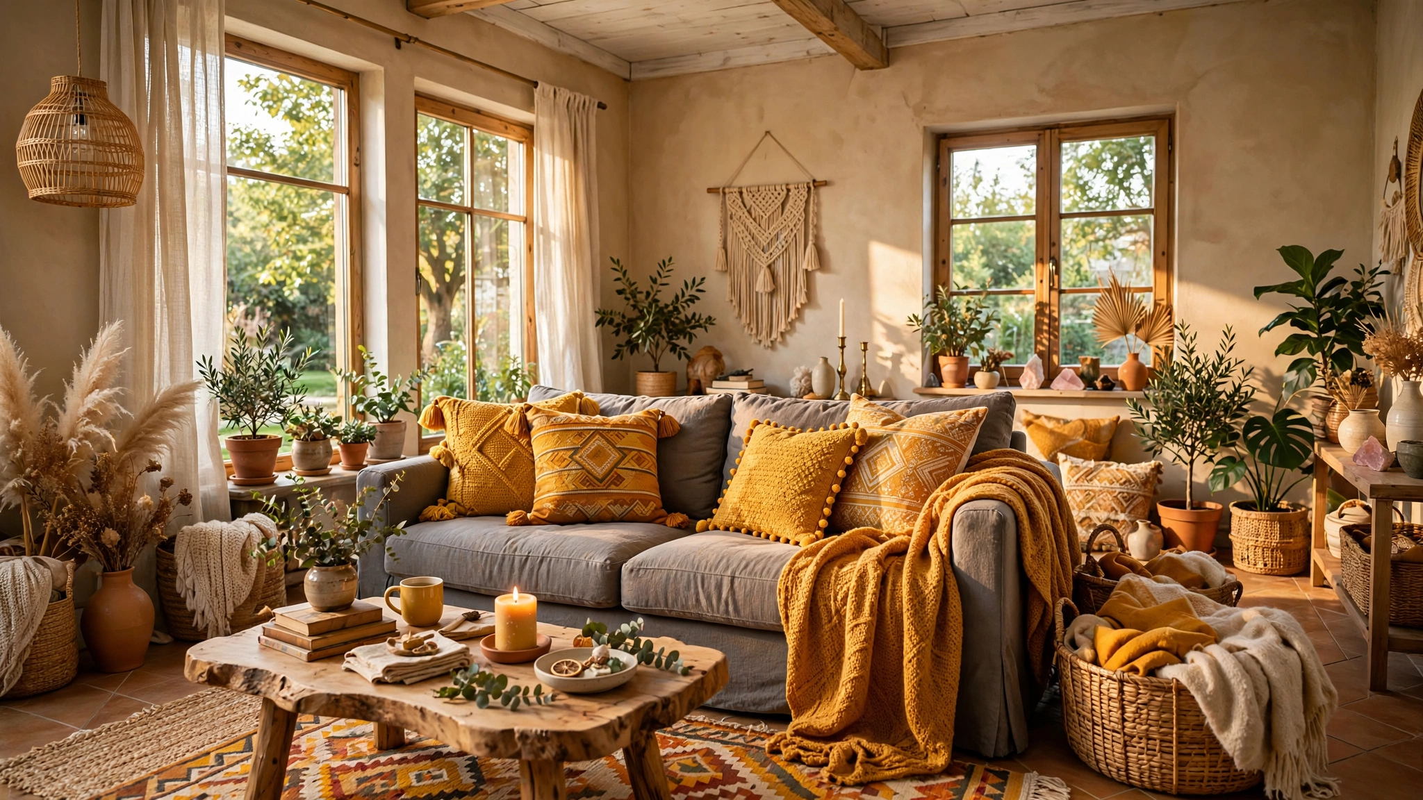 Gray couch with layered mustard and ochre accent pillows and throw, warm golden boho living room