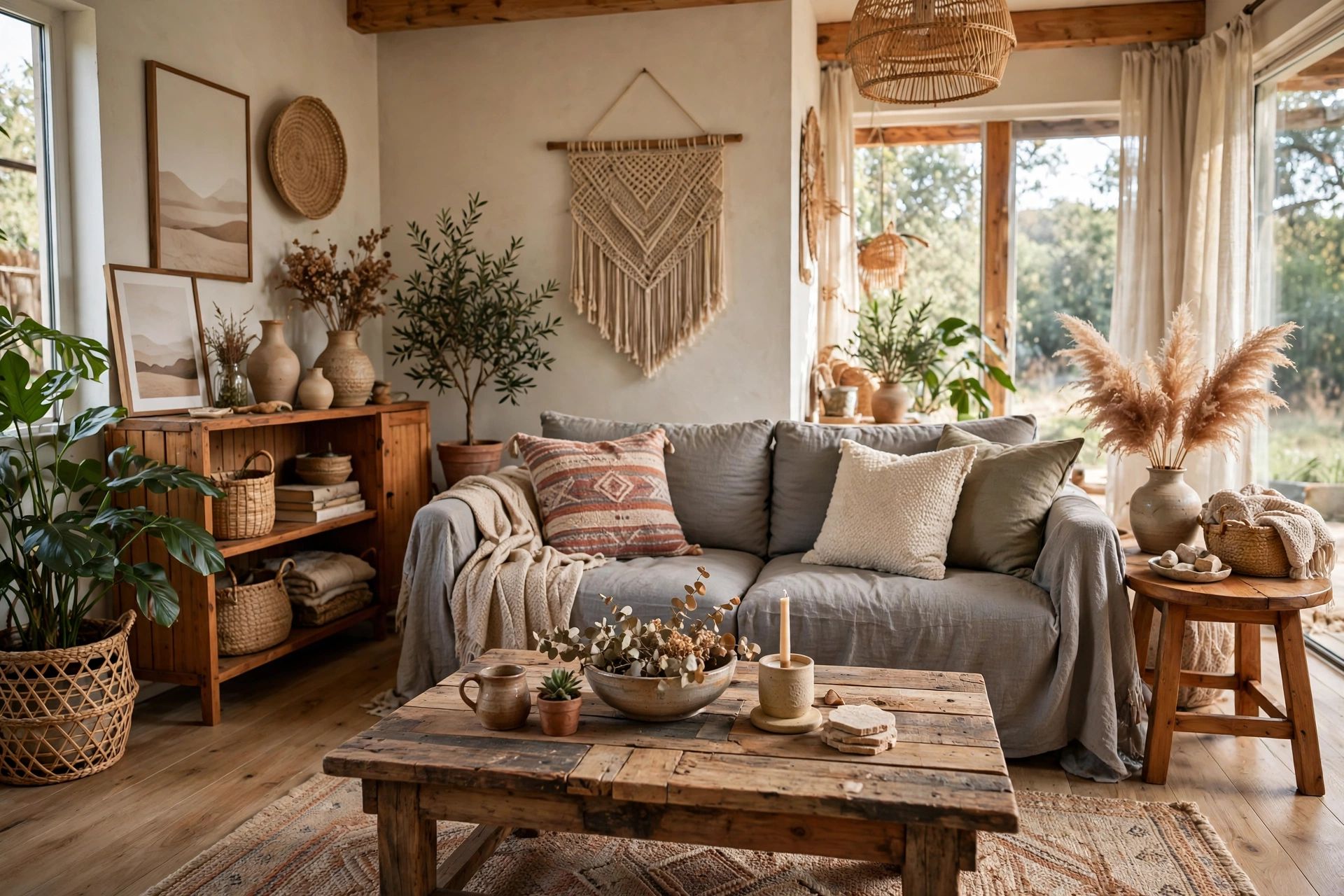 Gray couch paired with warm wood furniture, reclaimed wood coffee table, natural warm boho living room