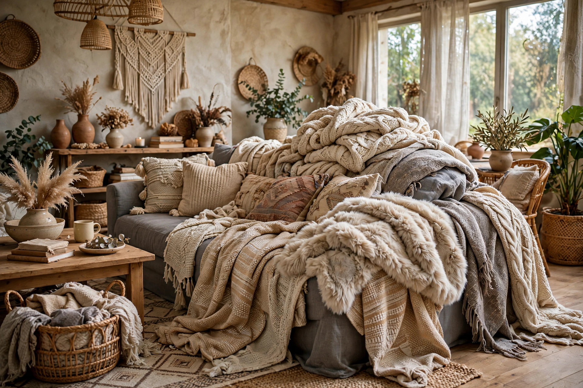 Gray couch piled with textured throws, chunky knit and woven blankets layered, tactile cozy boho
