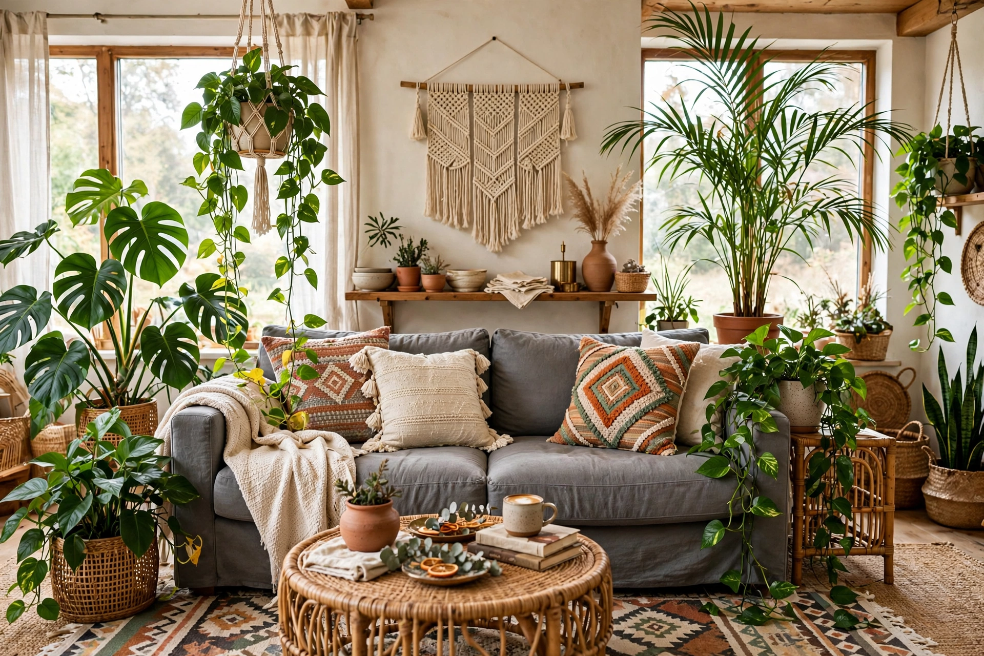 Gray couch with tall and trailing plants, monstera and pothos greenery, fresh vibrant boho living room