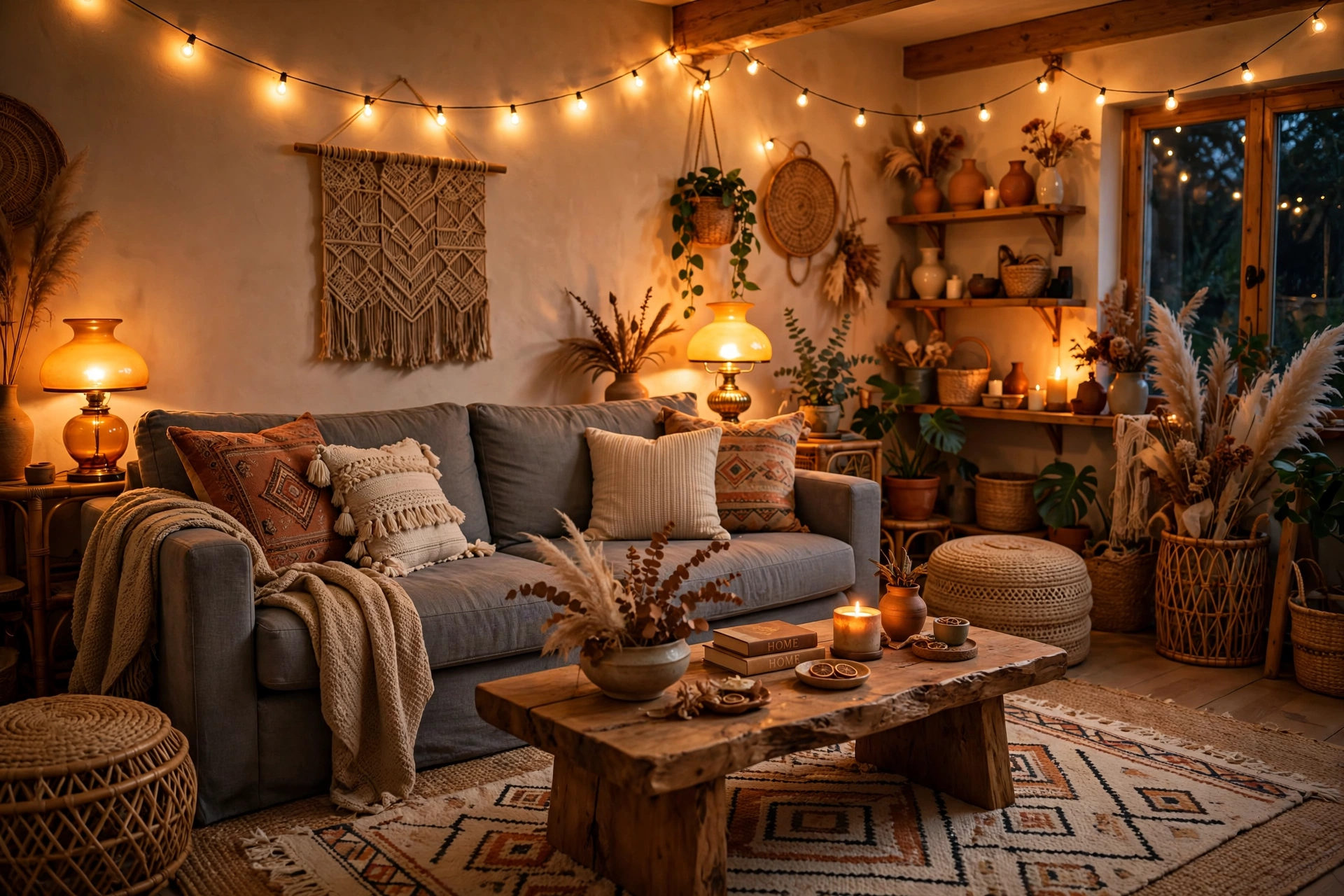 Gray couch in boho living room with warm lighting, amber lamps and string lights glowing