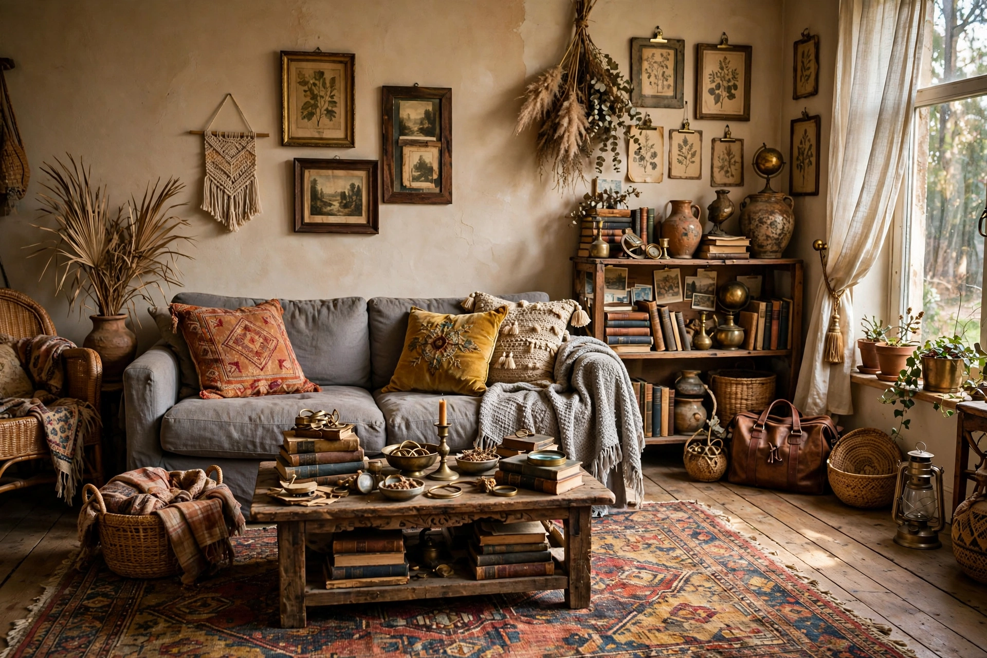 Gray couch styled with vintage finds, antique brass decor, vintage rug, collected boho living room