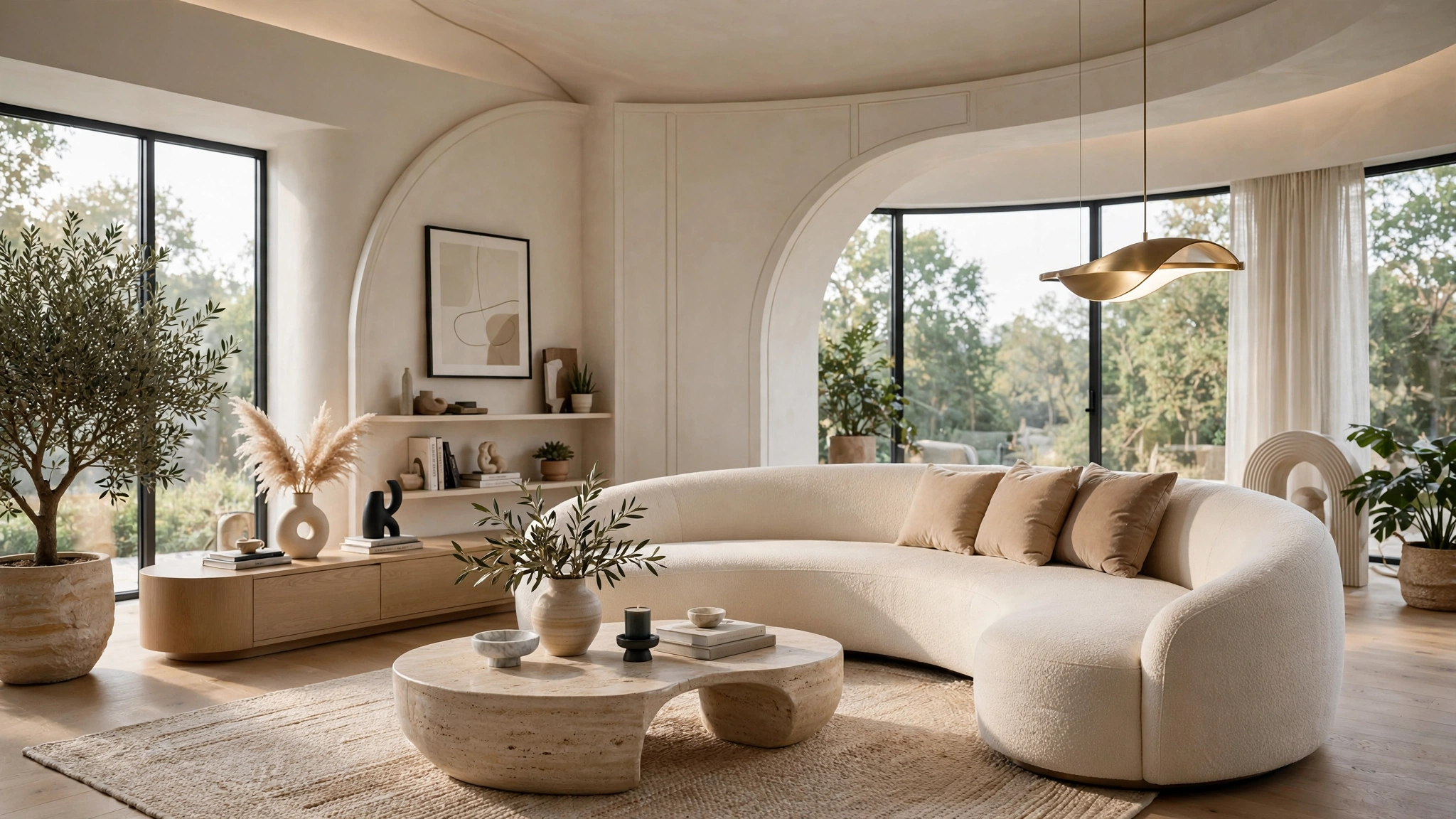 Curved crescent sofa in modern living room, elegant curved silhouette